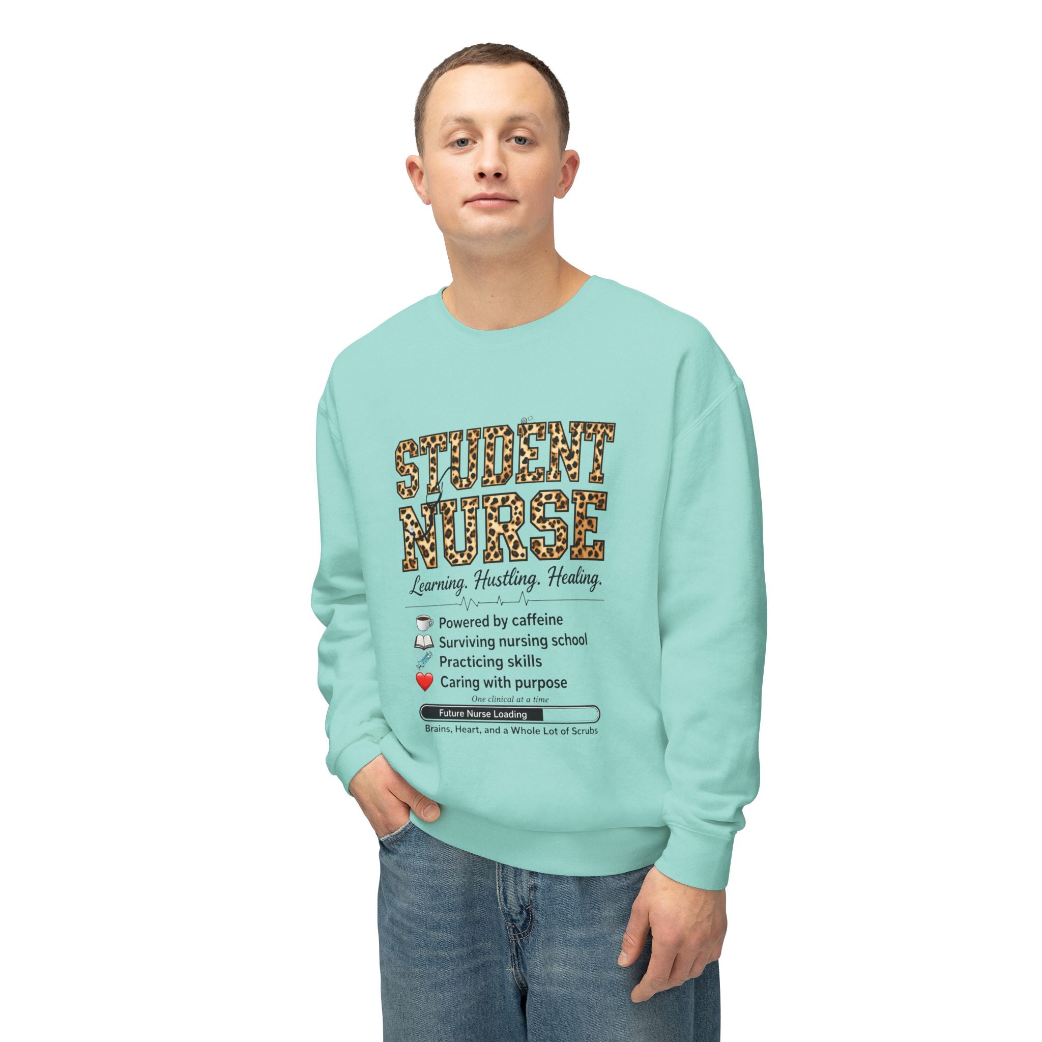 Student Nurse Crewneck Sweatshirt — Leopard Text Design, ‘Learning. Hustling. Healing.’