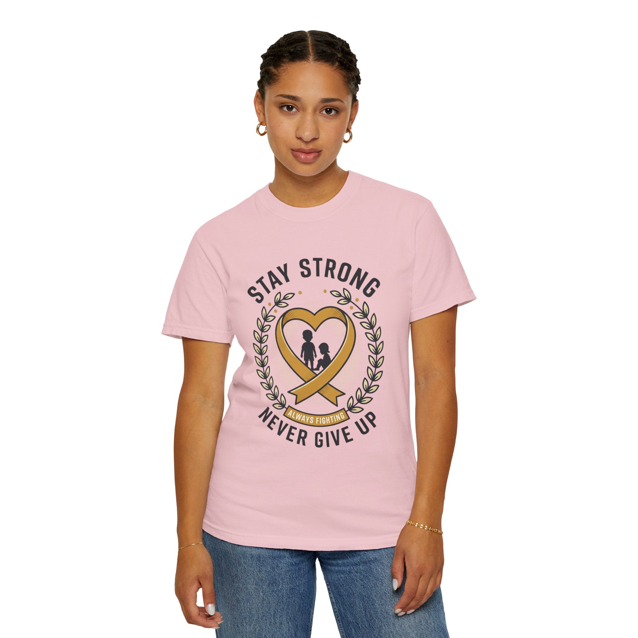Stay Strong Never Give Up T-Shirt — Childhood Cancer Awareness Ribbon Tee