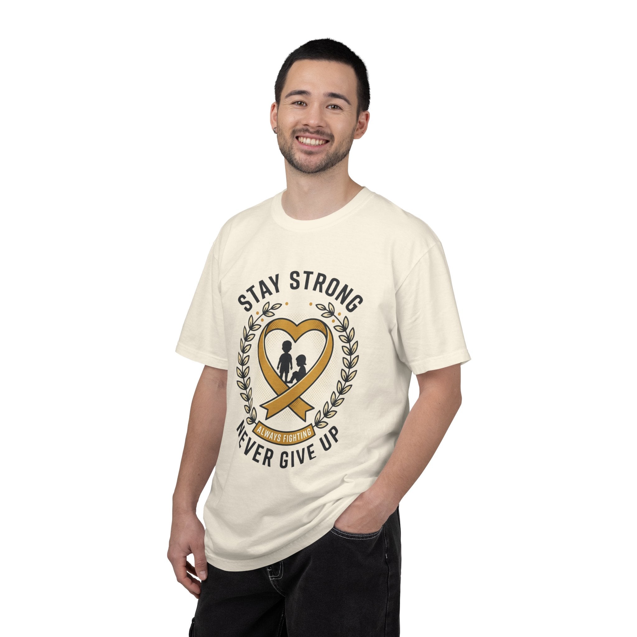Stay Strong Never Give Up T-Shirt — Childhood Cancer Awareness Ribbon Tee