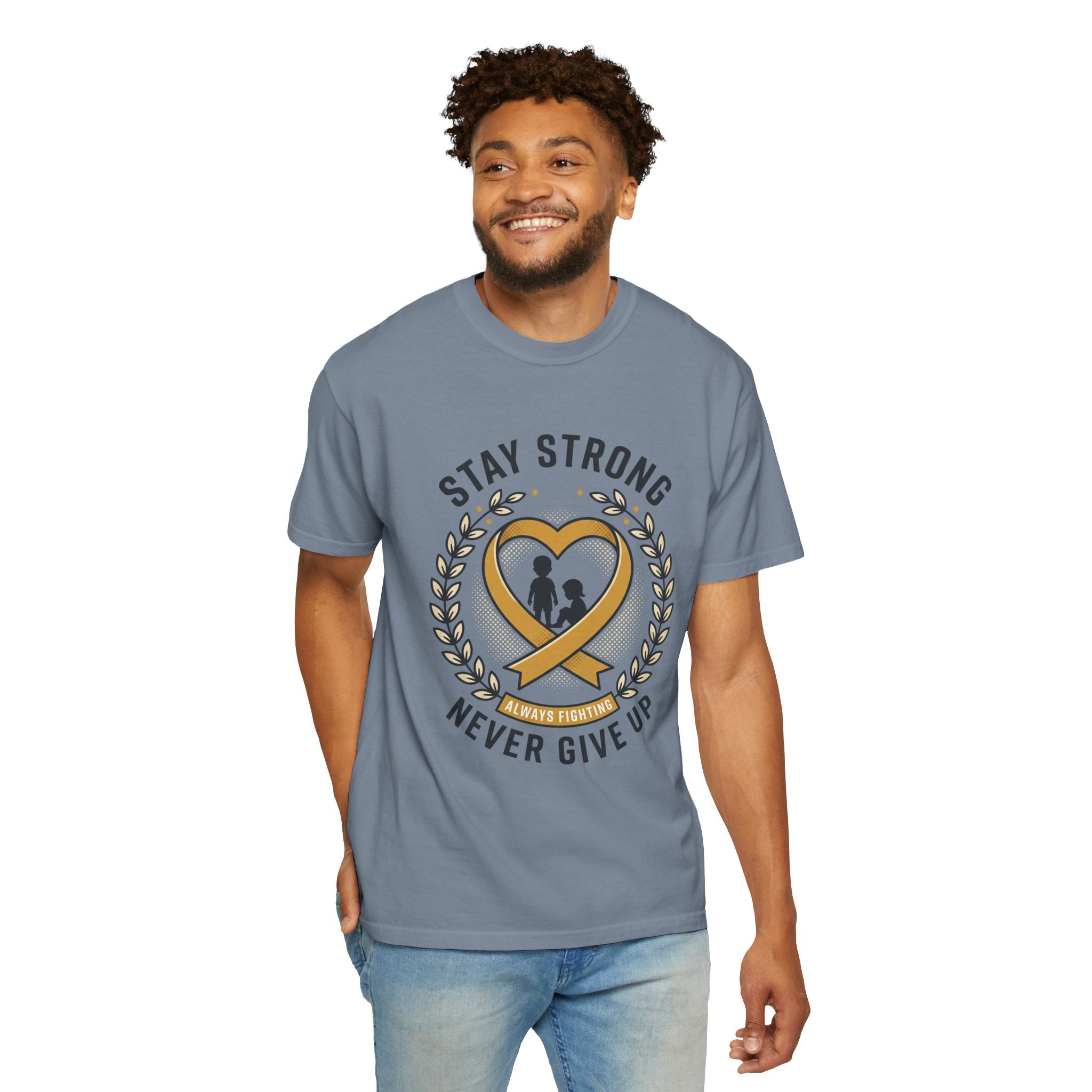 Stay Strong Never Give Up T-Shirt — Childhood Cancer Awareness Ribbon Tee