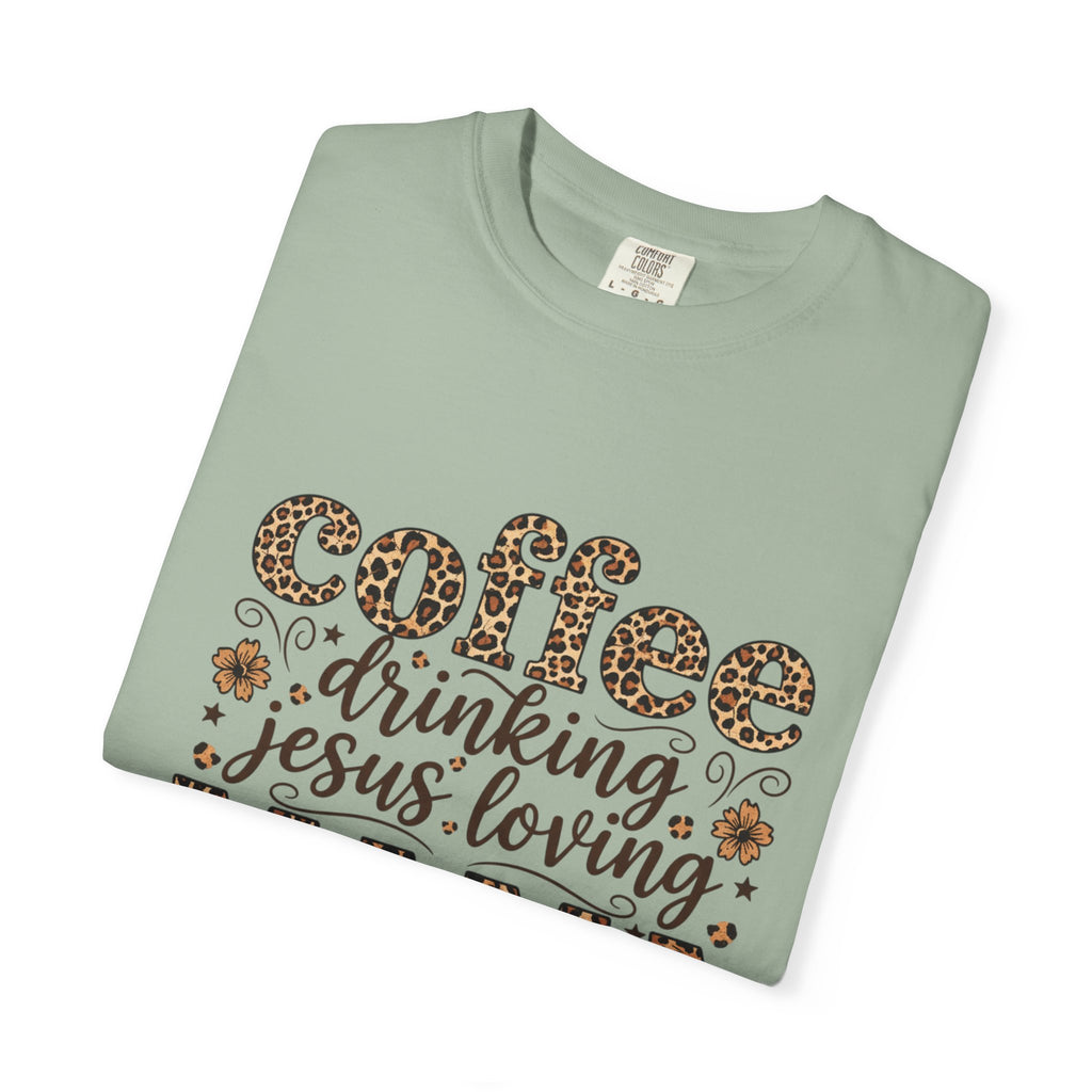 Coffee-Drinking Jesus-Loving Mama T-Shirt — Leopard Print Mom Tee