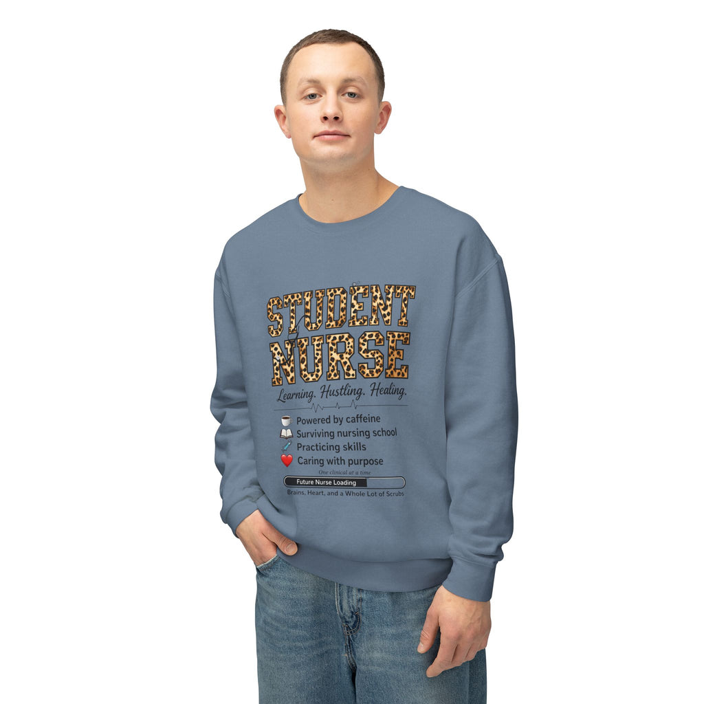 Student Nurse Crewneck Sweatshirt — Leopard Text Design, ‘Learning. Hustling. Healing.’