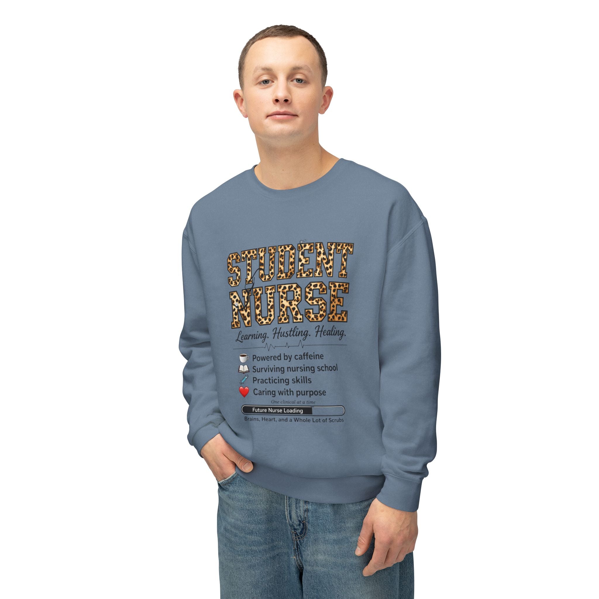 Student Nurse Crewneck Sweatshirt — Leopard Text Design, ‘Learning. Hustling. Healing.’