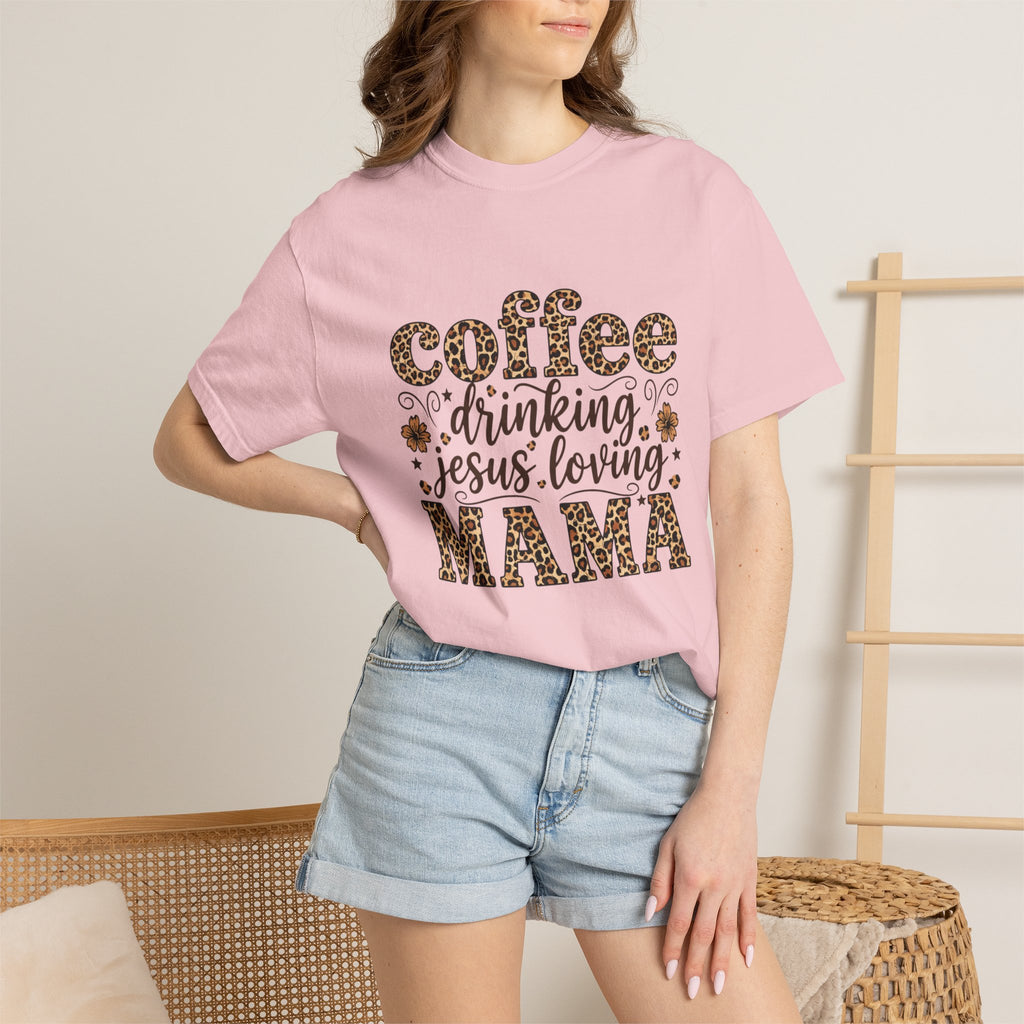 Coffee-Drinking Jesus-Loving Mama T-Shirt — Leopard Print Mom Tee