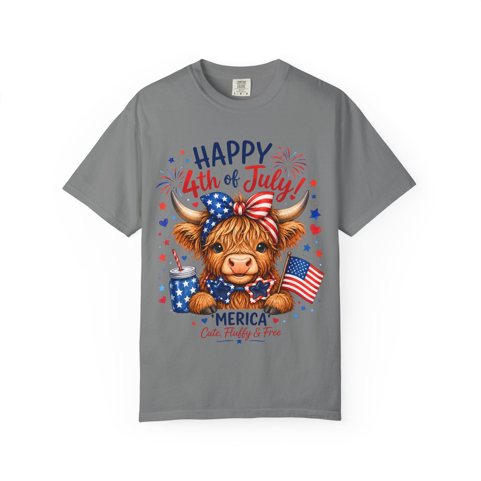 4th of July Cute Highland Cow T-Shirt — Fun Patriotic Farm Design
