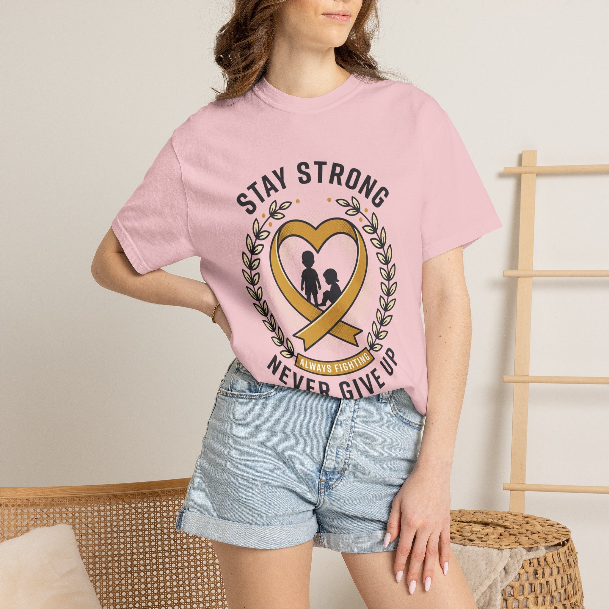 Stay Strong Never Give Up T-Shirt — Childhood Cancer Awareness Ribbon Tee