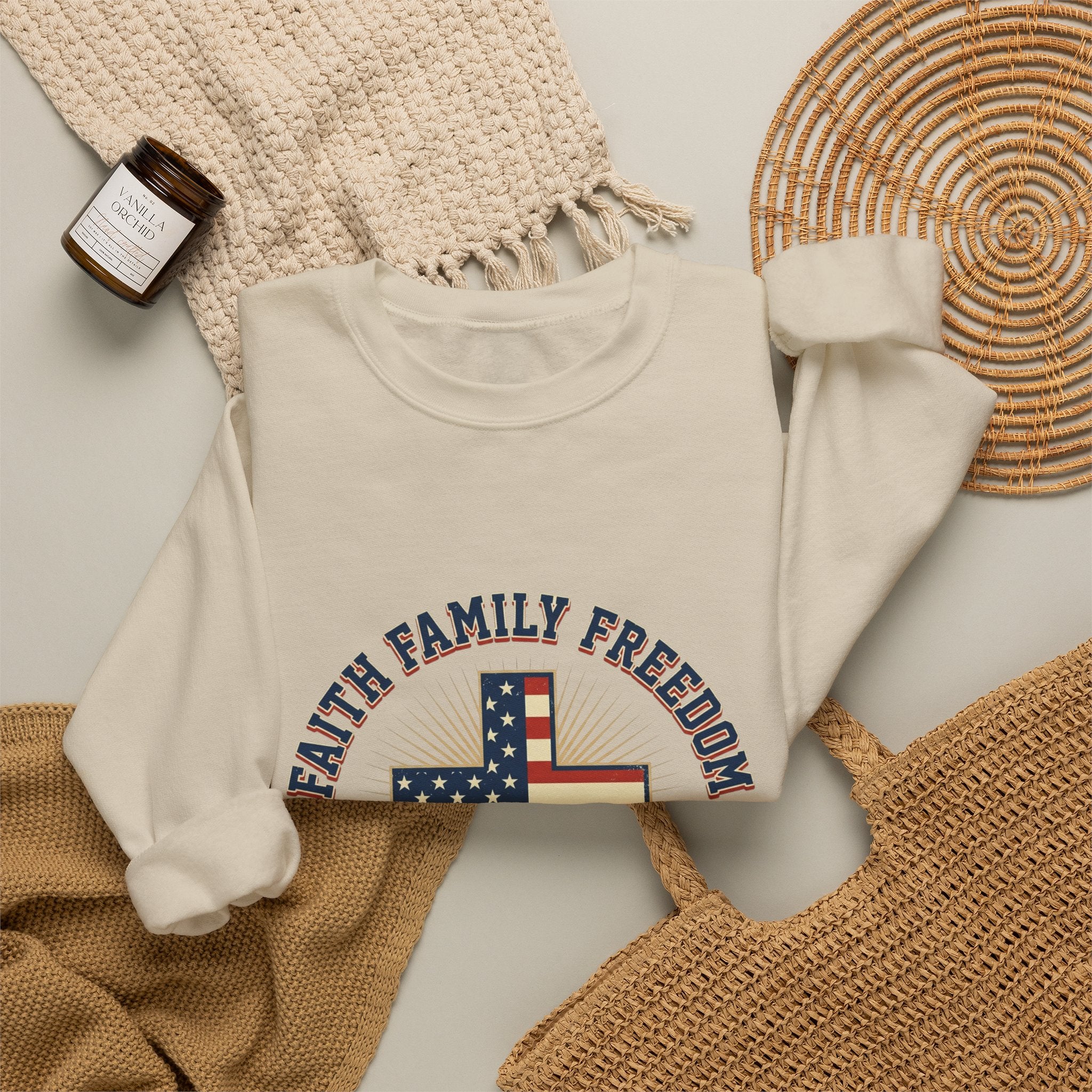 Faith Family Freedom Crewneck Sweatshirt | Faith-based Patriotic, Vintage Americana