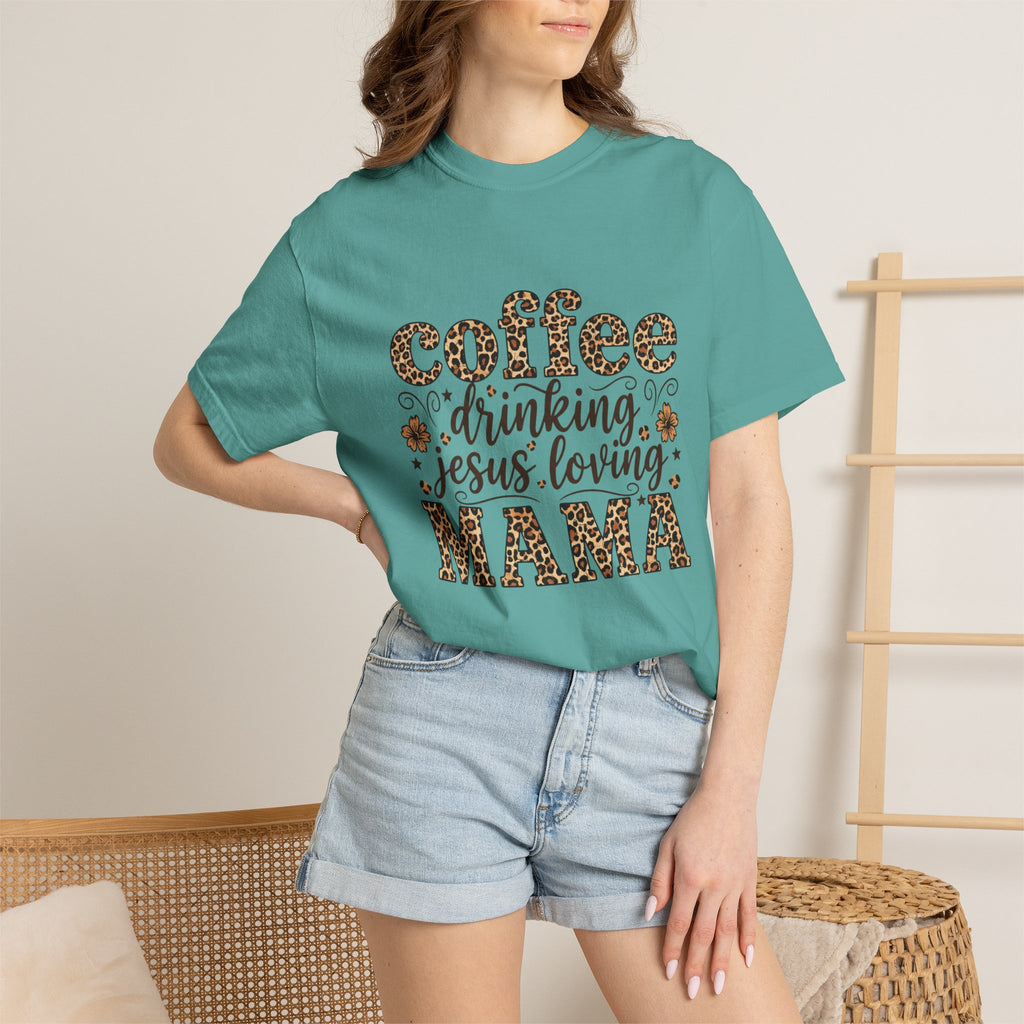Coffee-Drinking Jesus-Loving Mama T-Shirt — Leopard Print Mom Tee