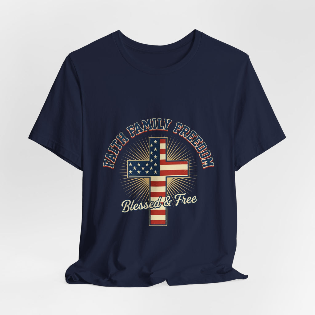 Faith Family Freedom Cross Tee | Patriotic, Faith-Based July 4th Vintage Americana