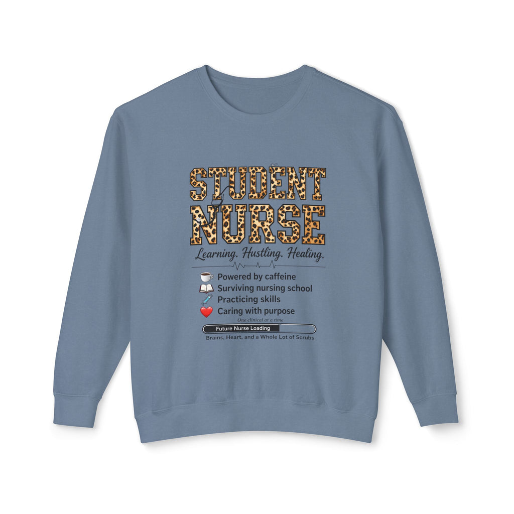 Student Nurse Crewneck Sweatshirt — Leopard Text Design, ‘Learning. Hustling. Healing.’