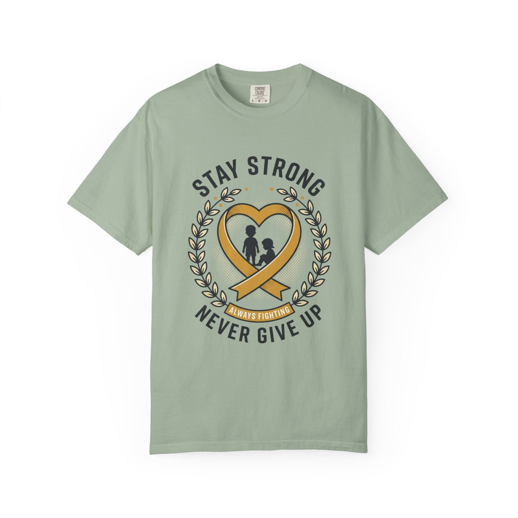 Stay Strong Never Give Up T-Shirt — Childhood Cancer Awareness Ribbon Tee