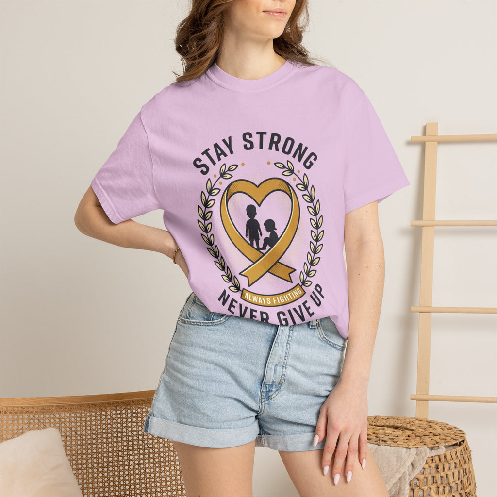 Stay Strong Never Give Up T-Shirt — Childhood Cancer Awareness Ribbon Tee
