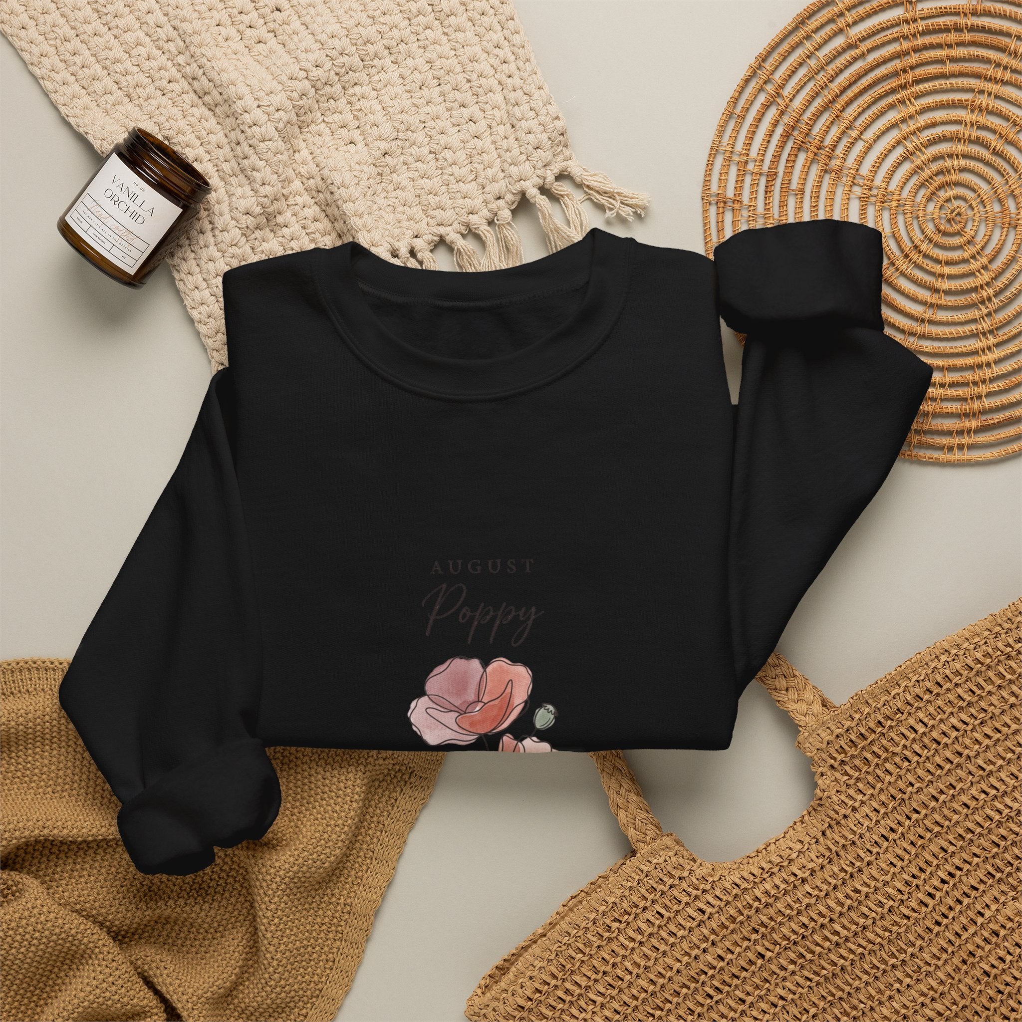 August Poppy Birth Flower Sweatshirt | botanical watercolor, personalized name