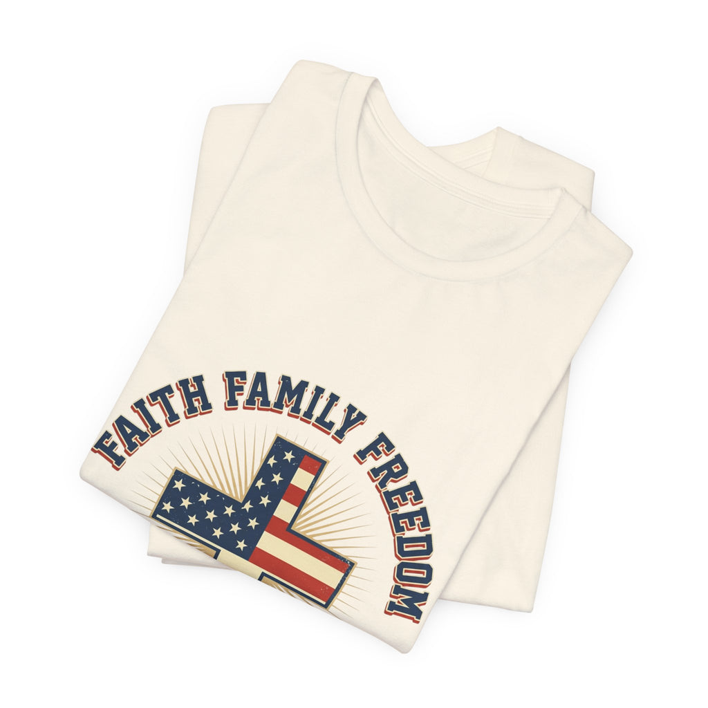 Faith Family Freedom Cross Tee | Patriotic, Faith-Based July 4th Vintage Americana