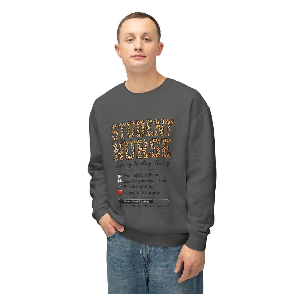 Student Nurse Crewneck Sweatshirt — Leopard Text Design, ‘Learning. Hustling. Healing.’
