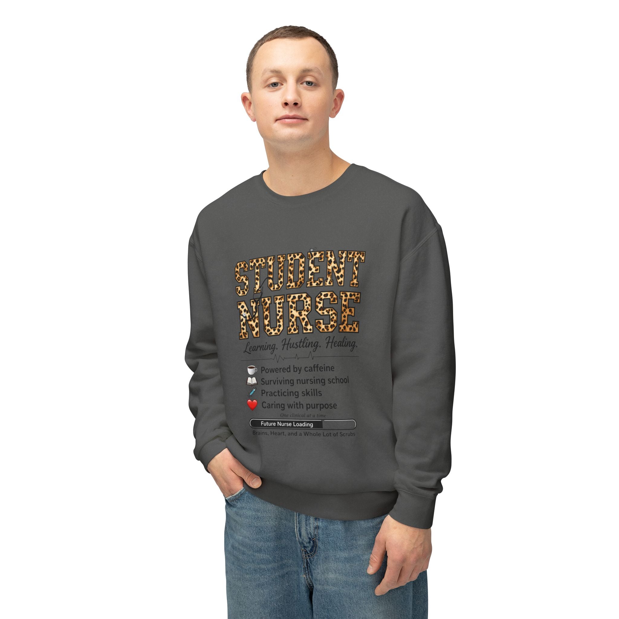 Student Nurse Crewneck Sweatshirt — Leopard Text Design, ‘Learning. Hustling. Healing.’