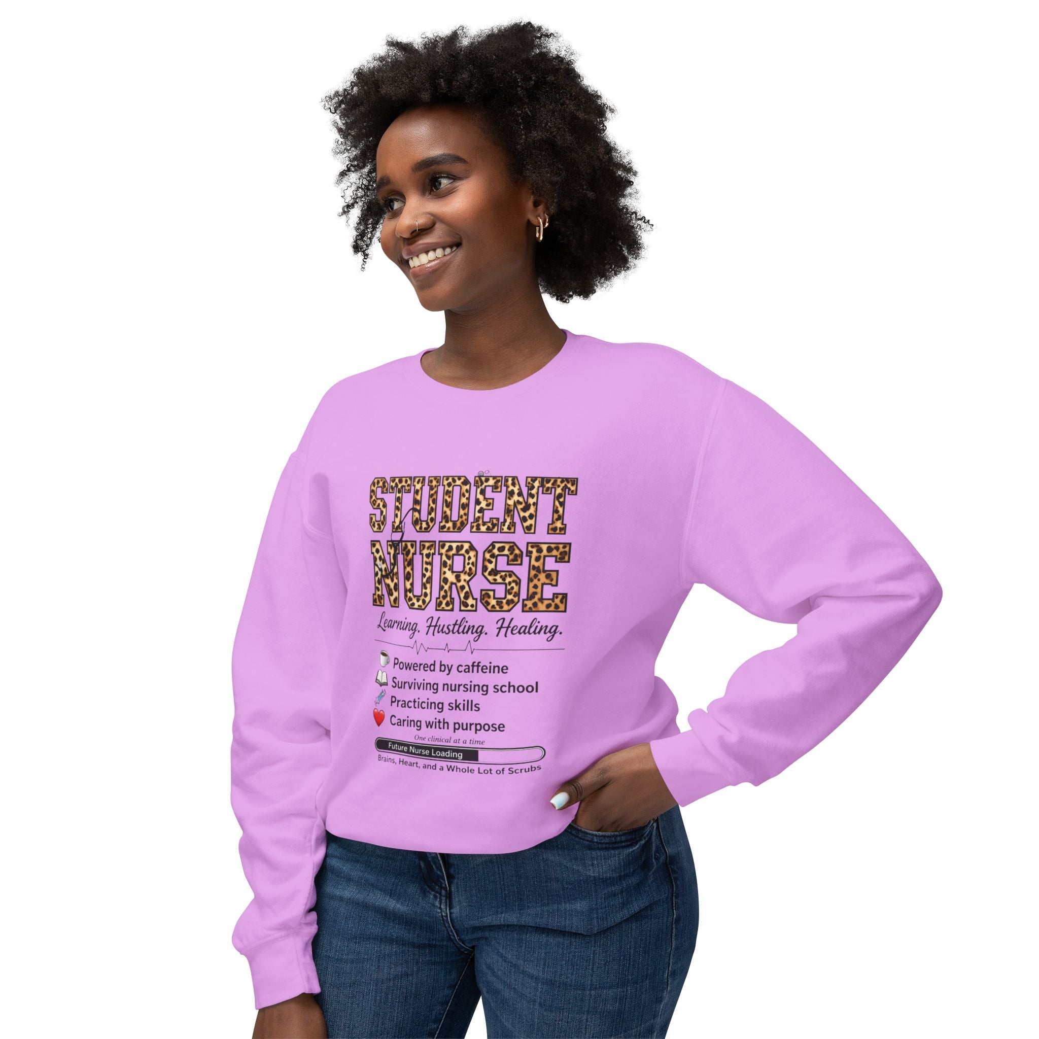 Student Nurse Crewneck Sweatshirt — Leopard Text Design, ‘Learning. Hustling. Healing.’