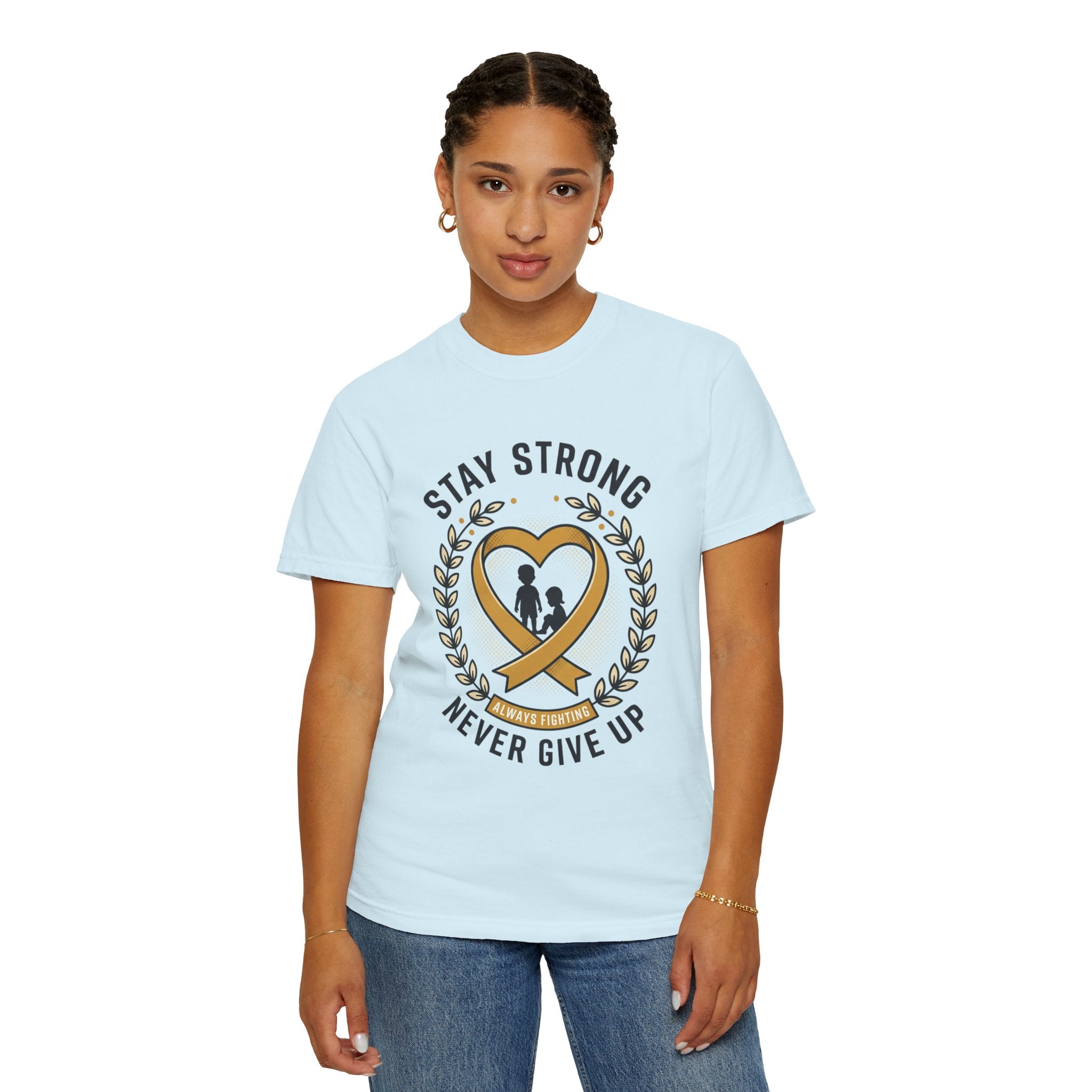 Stay Strong Never Give Up T-Shirt — Childhood Cancer Awareness Ribbon Tee