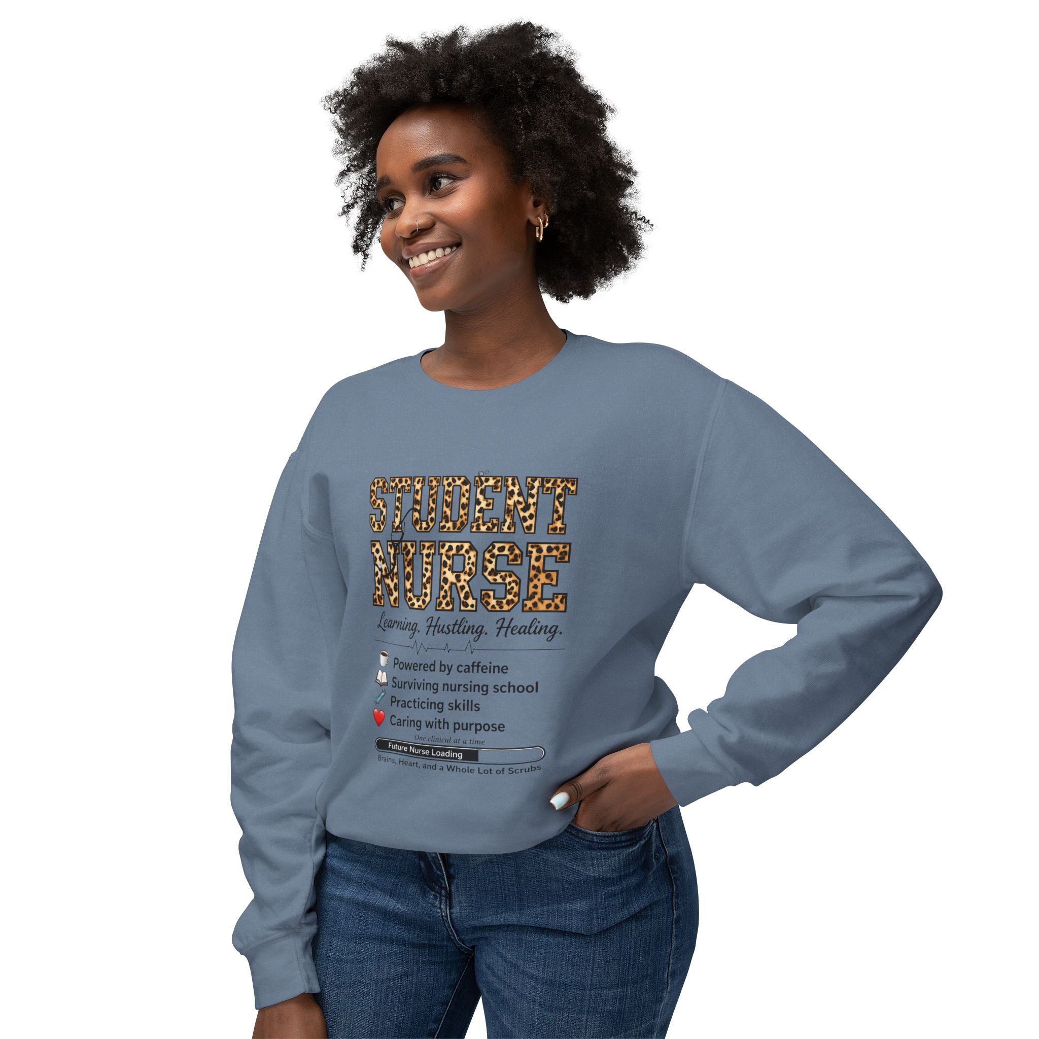 Student Nurse Crewneck Sweatshirt — Leopard Text Design, ‘Learning. Hustling. Healing.’