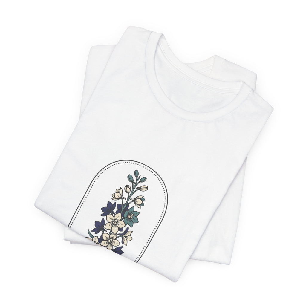 July Birth Flower Tee | botanical line art, personalized name option