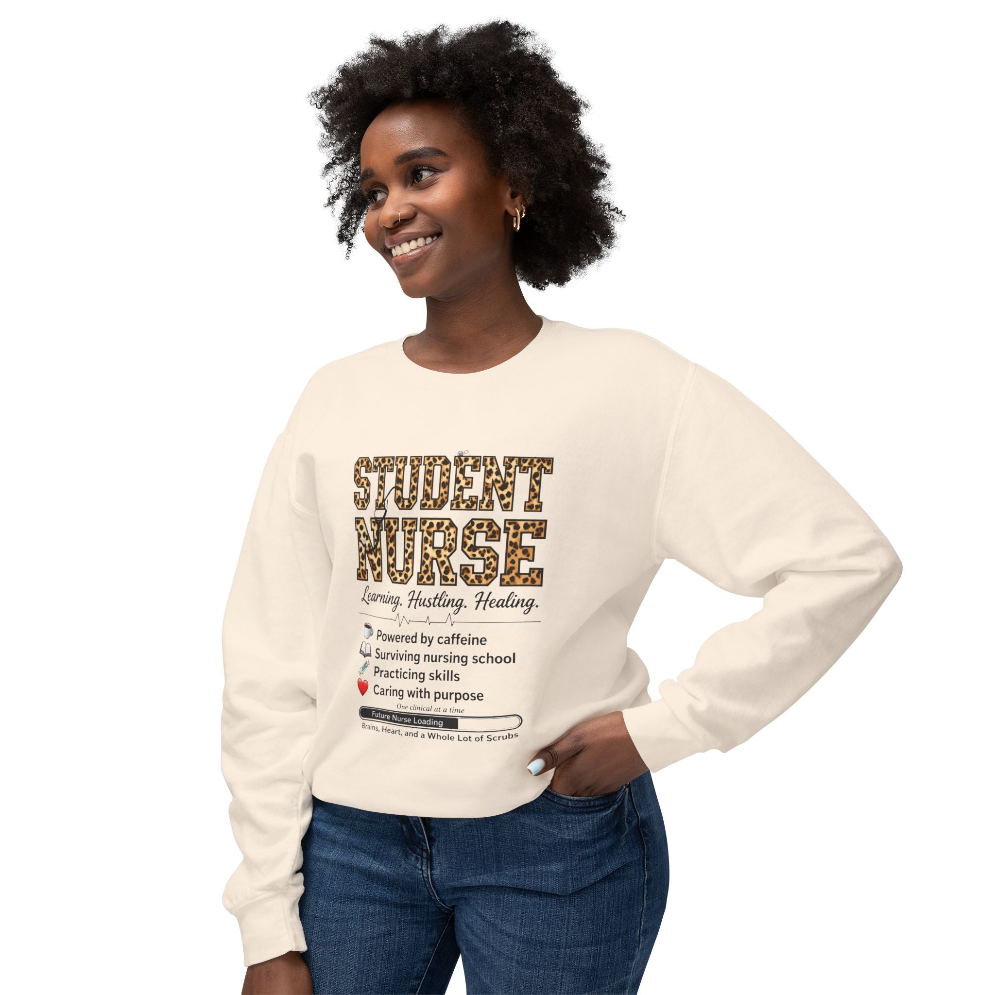 Student Nurse Crewneck Sweatshirt — Leopard Text Design, ‘Learning. Hustling. Healing.’