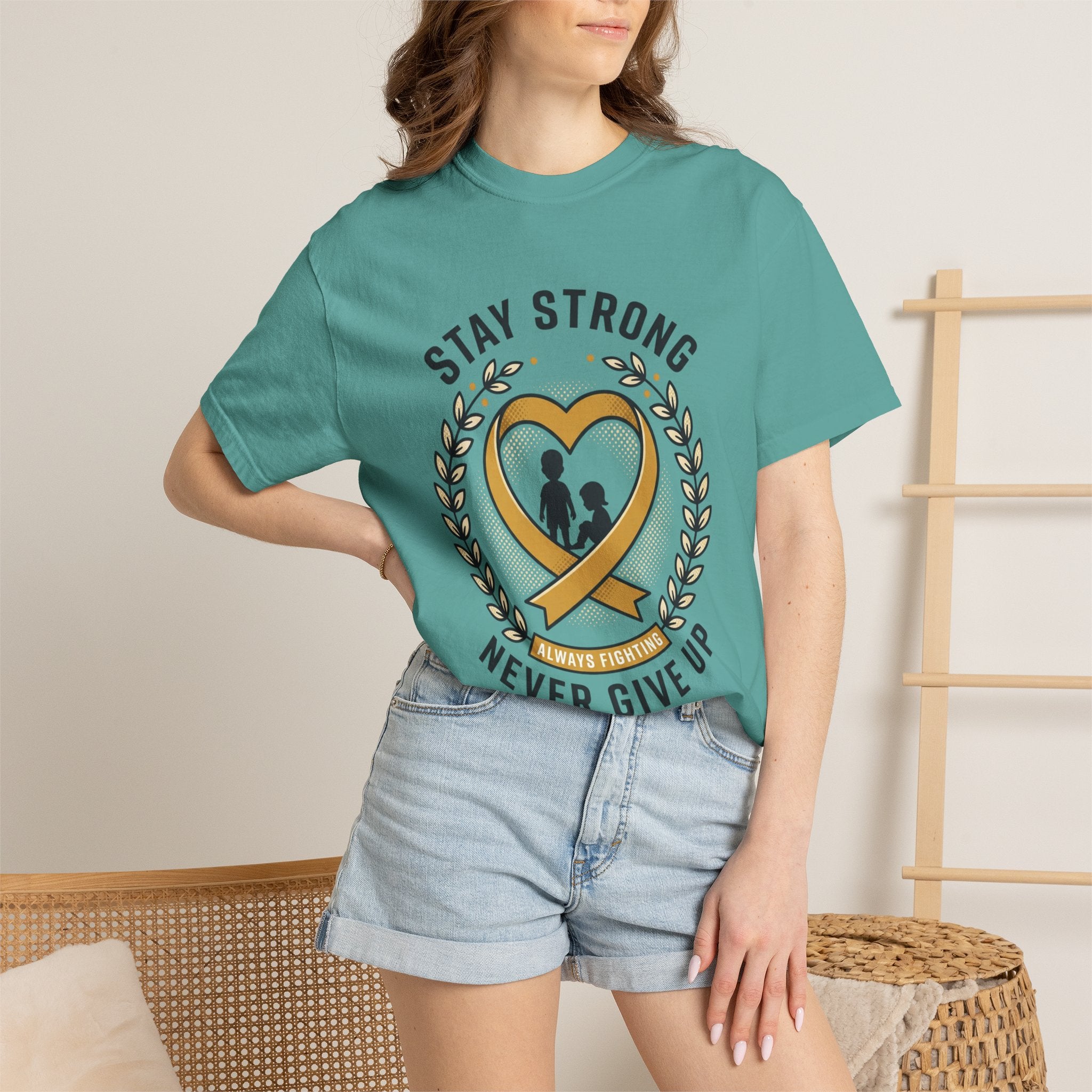 Stay Strong Never Give Up T-Shirt — Childhood Cancer Awareness Ribbon Tee