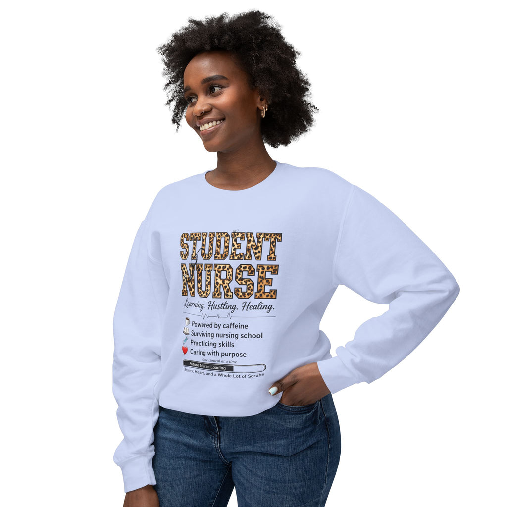 Student Nurse Crewneck Sweatshirt — Leopard Text Design, ‘Learning. Hustling. Healing.’