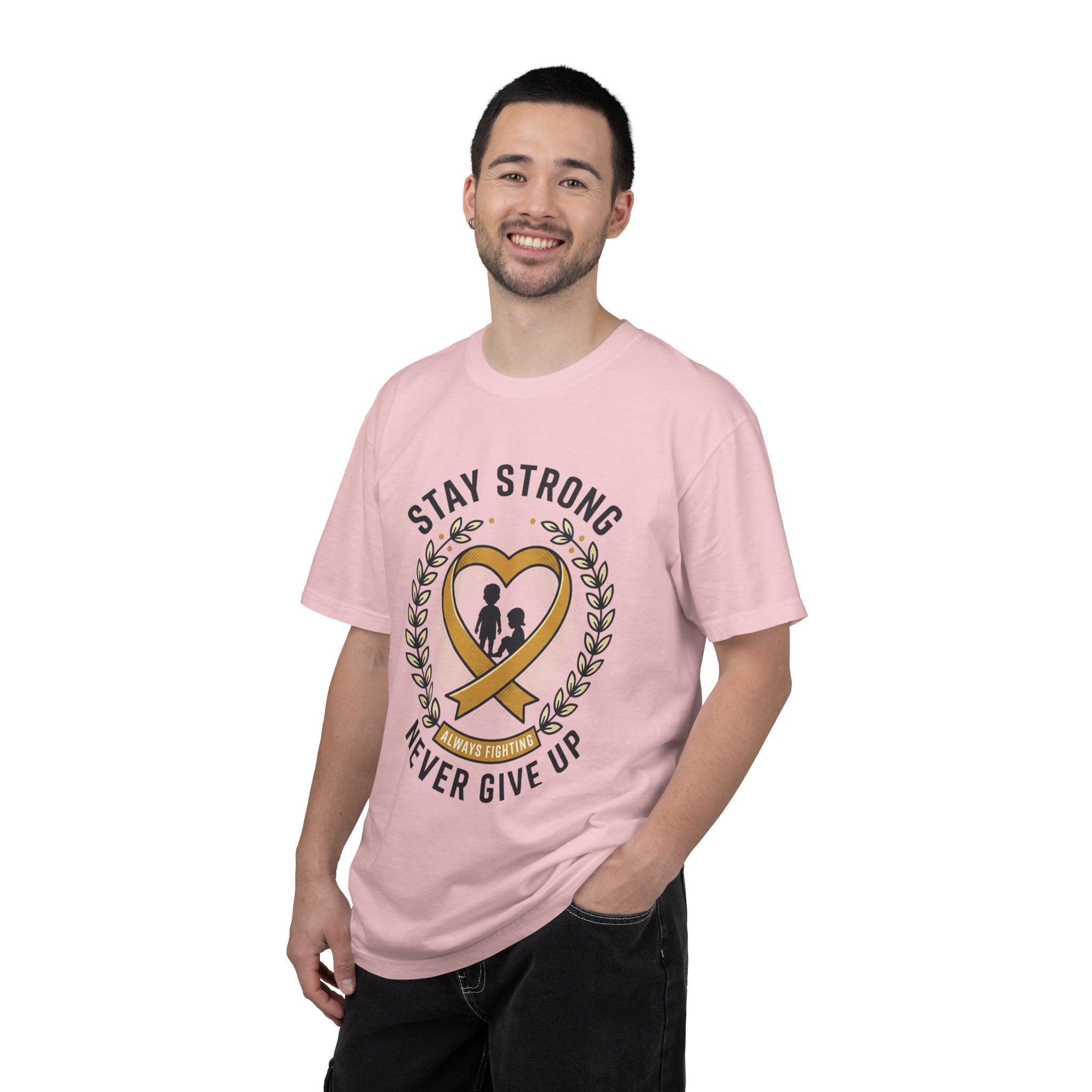 Stay Strong Never Give Up T-Shirt — Childhood Cancer Awareness Ribbon Tee
