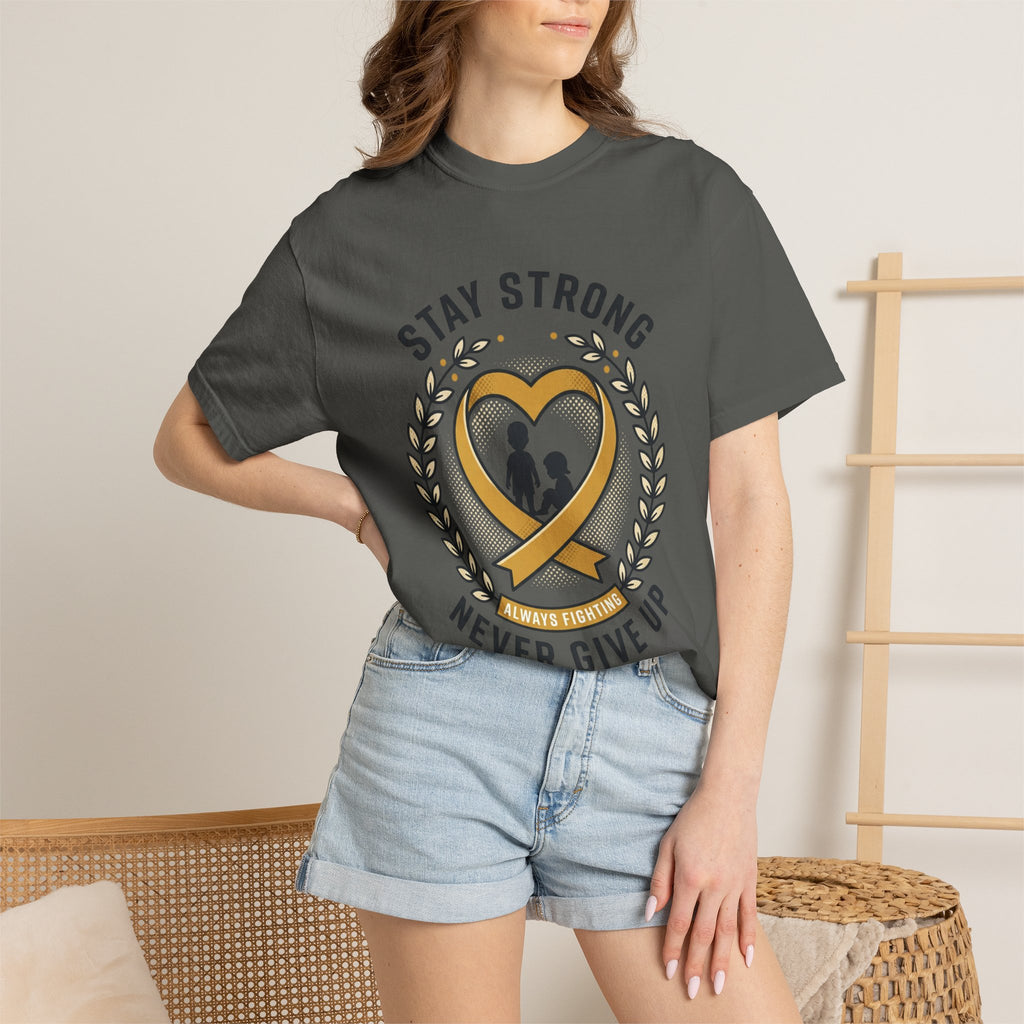 Stay Strong Never Give Up T-Shirt — Childhood Cancer Awareness Ribbon Tee