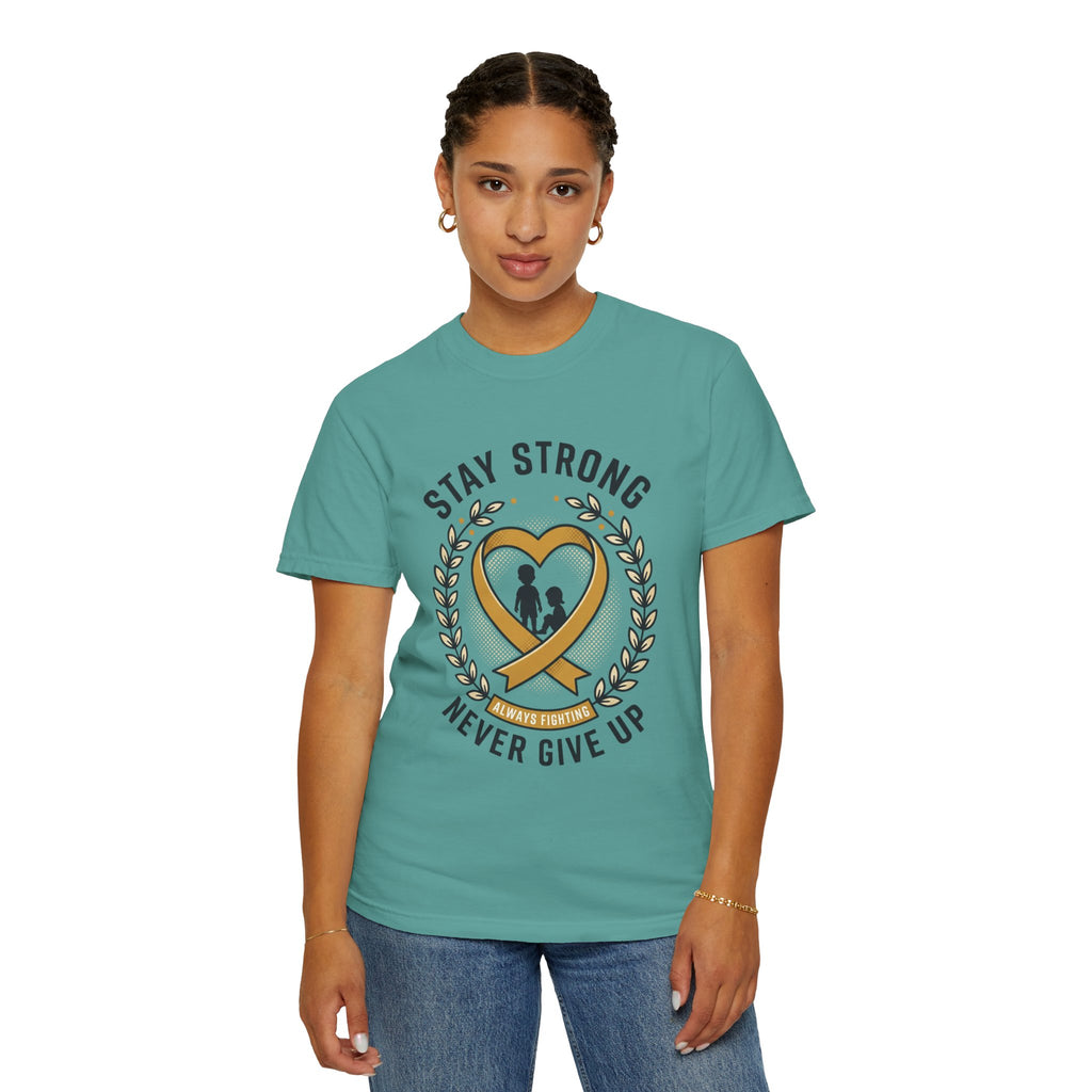 Stay Strong Never Give Up T-Shirt — Childhood Cancer Awareness Ribbon Tee