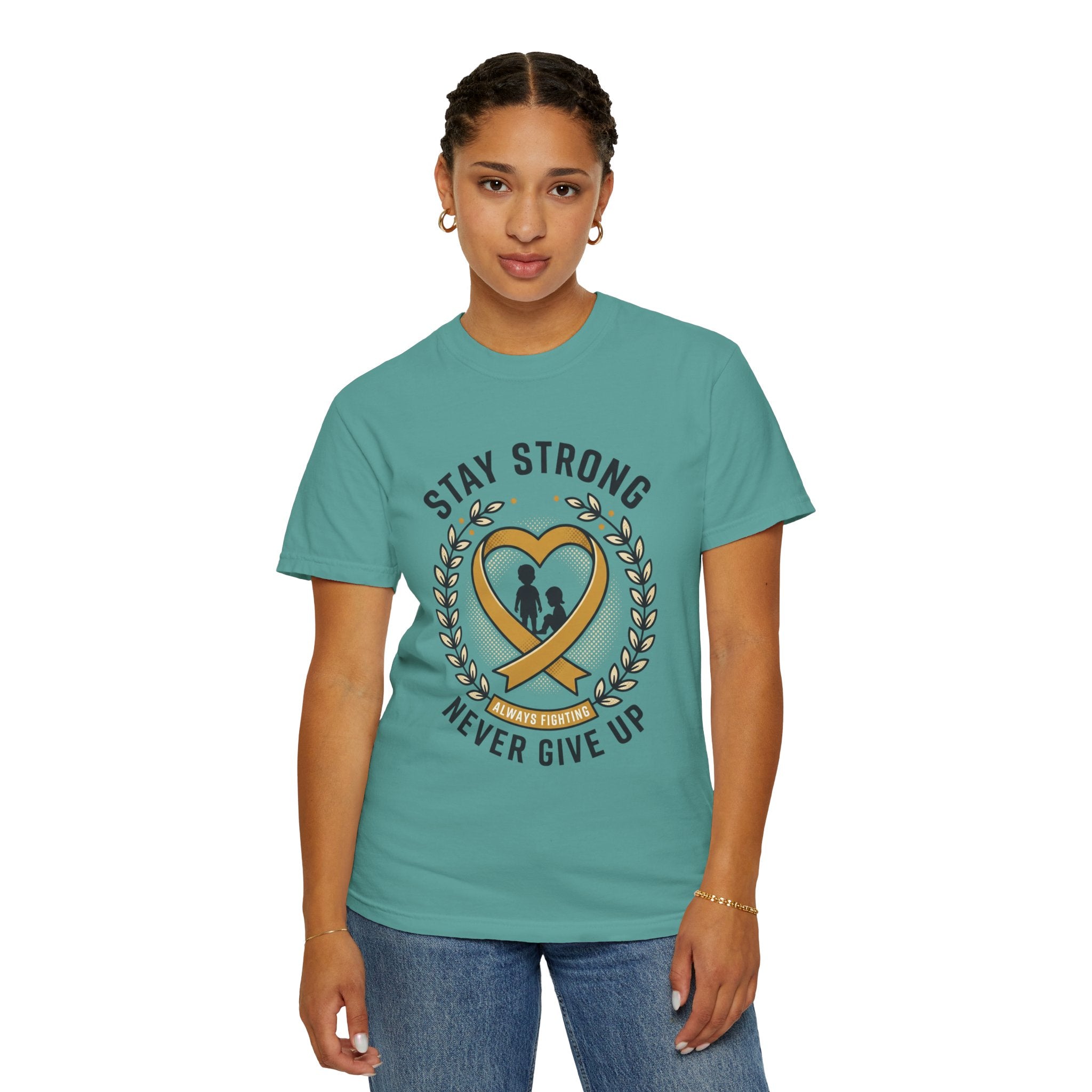 Stay Strong Never Give Up T-Shirt — Childhood Cancer Awareness Ribbon Tee