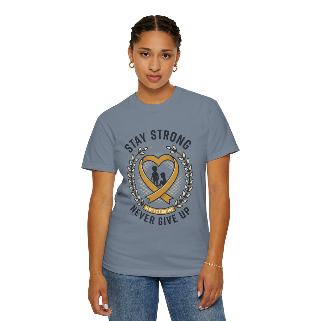 Stay Strong Never Give Up T-Shirt — Childhood Cancer Awareness Ribbon Tee