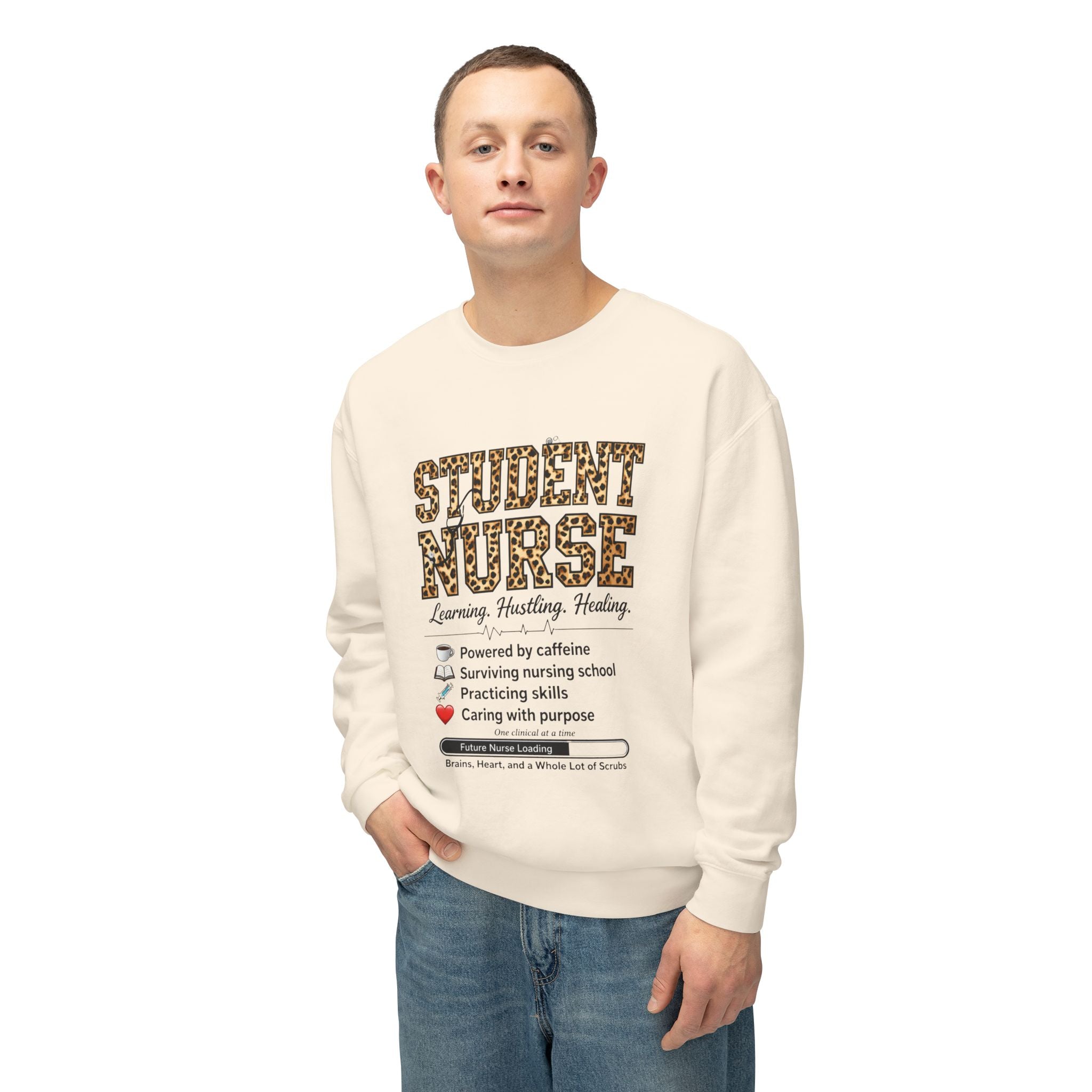 Student Nurse Crewneck Sweatshirt — Leopard Text Design, ‘Learning. Hustling. Healing.’