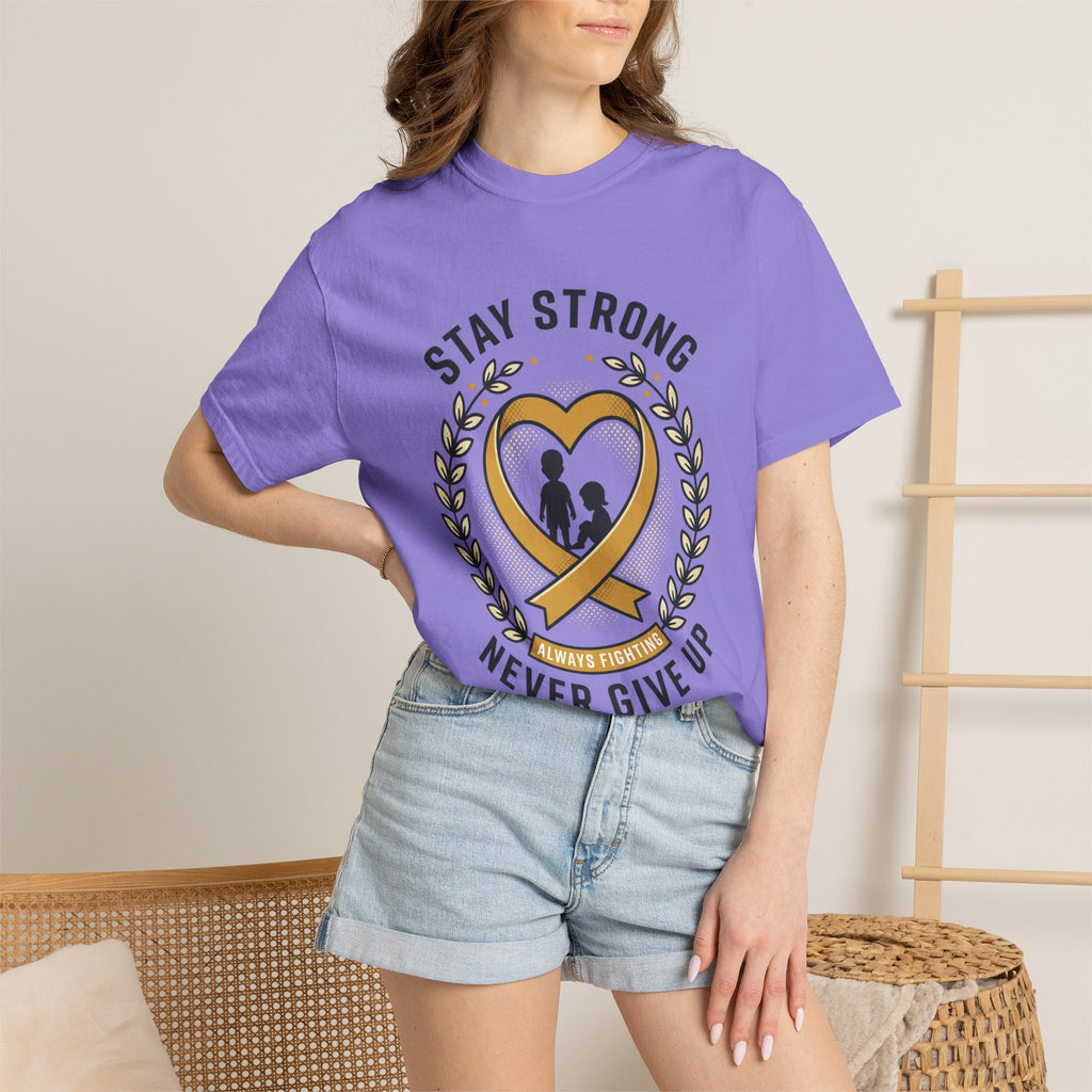 Stay Strong Never Give Up T-Shirt — Childhood Cancer Awareness Ribbon Tee