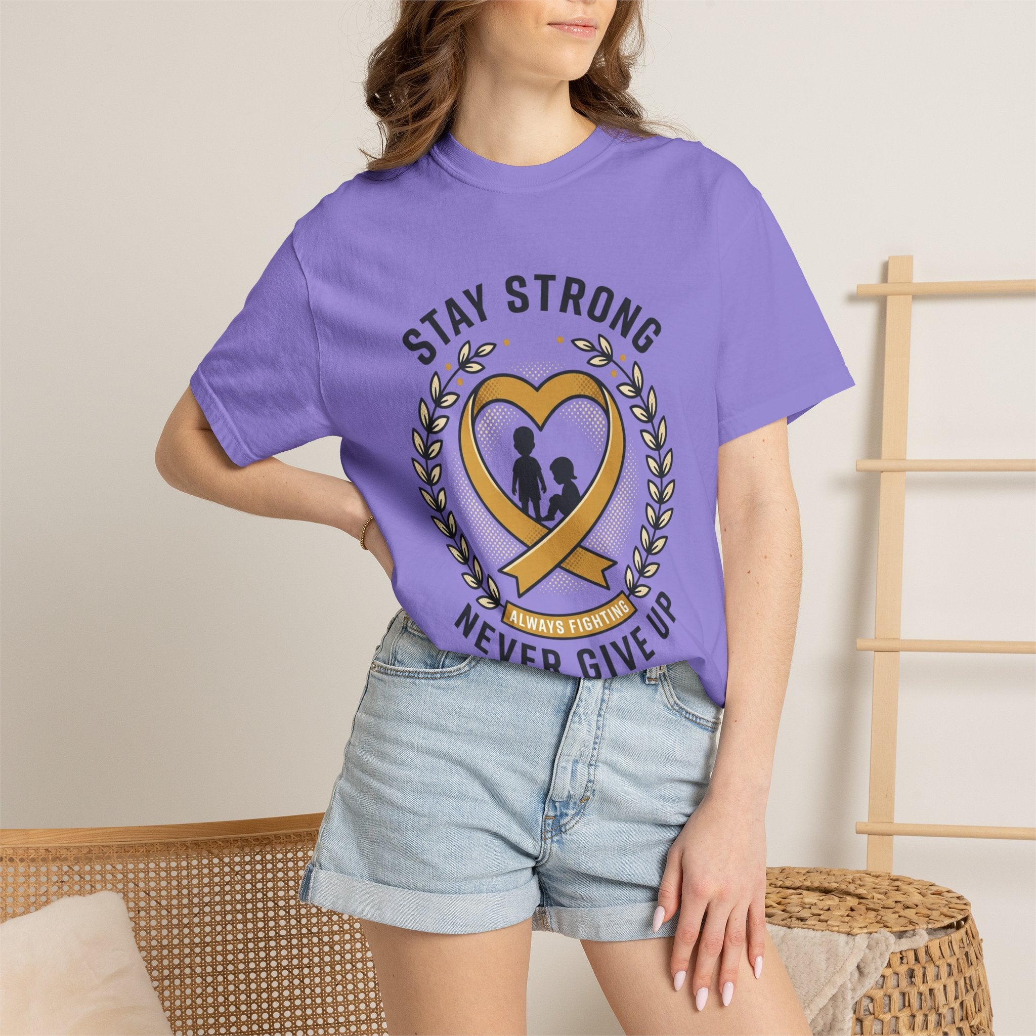 Stay Strong Never Give Up T-Shirt — Childhood Cancer Awareness Ribbon Tee