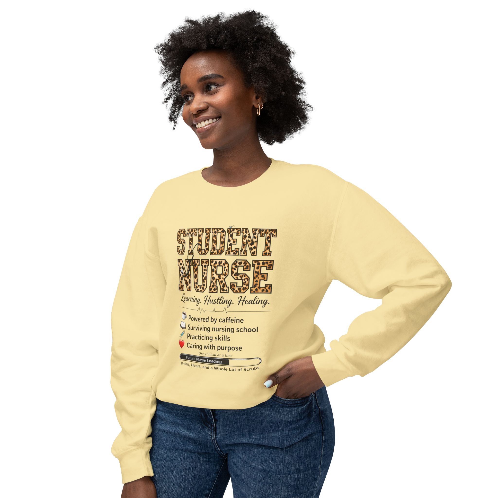Student Nurse Crewneck Sweatshirt — Leopard Text Design, ‘Learning. Hustling. Healing.’