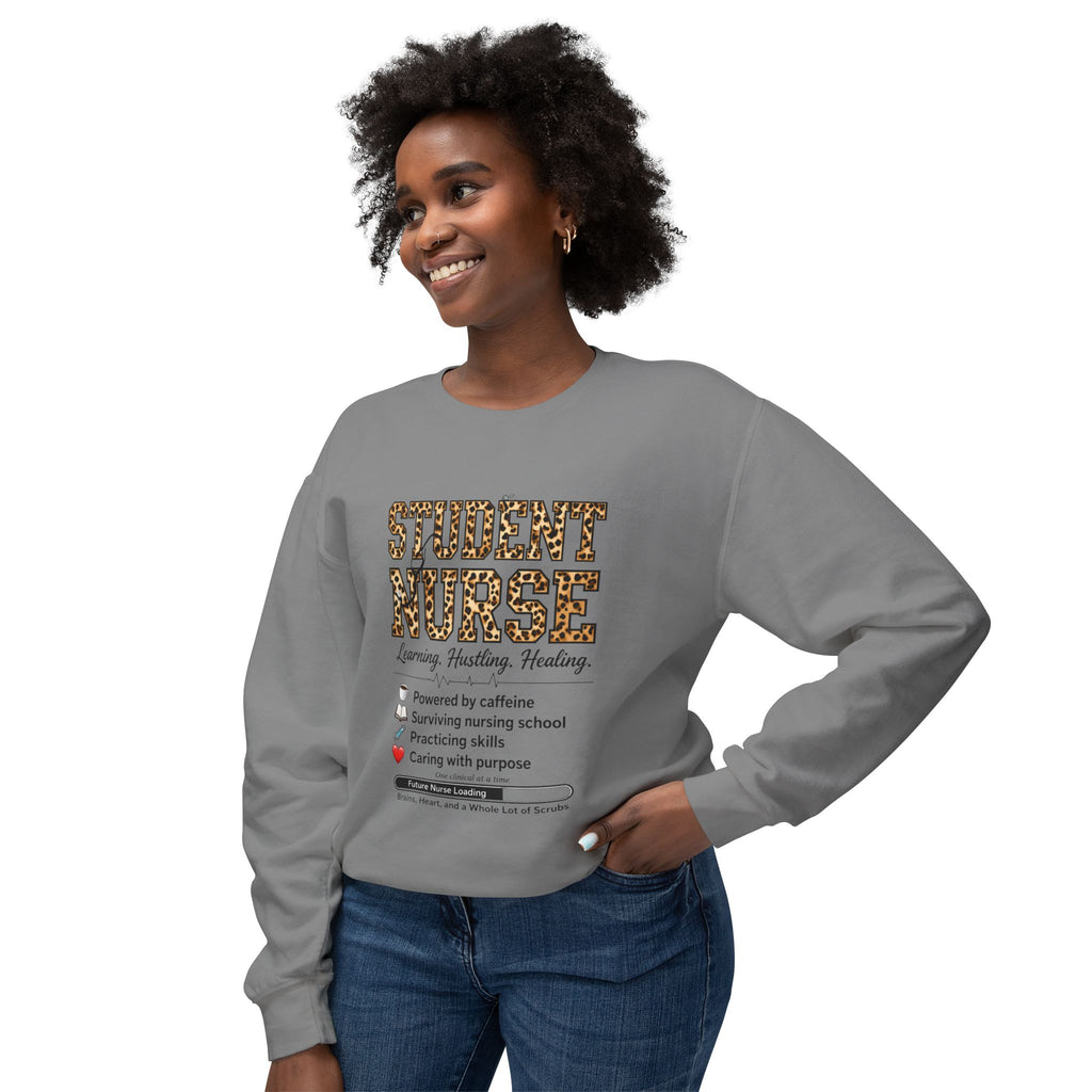 Student Nurse Crewneck Sweatshirt — Leopard Text Design, ‘Learning. Hustling. Healing.’