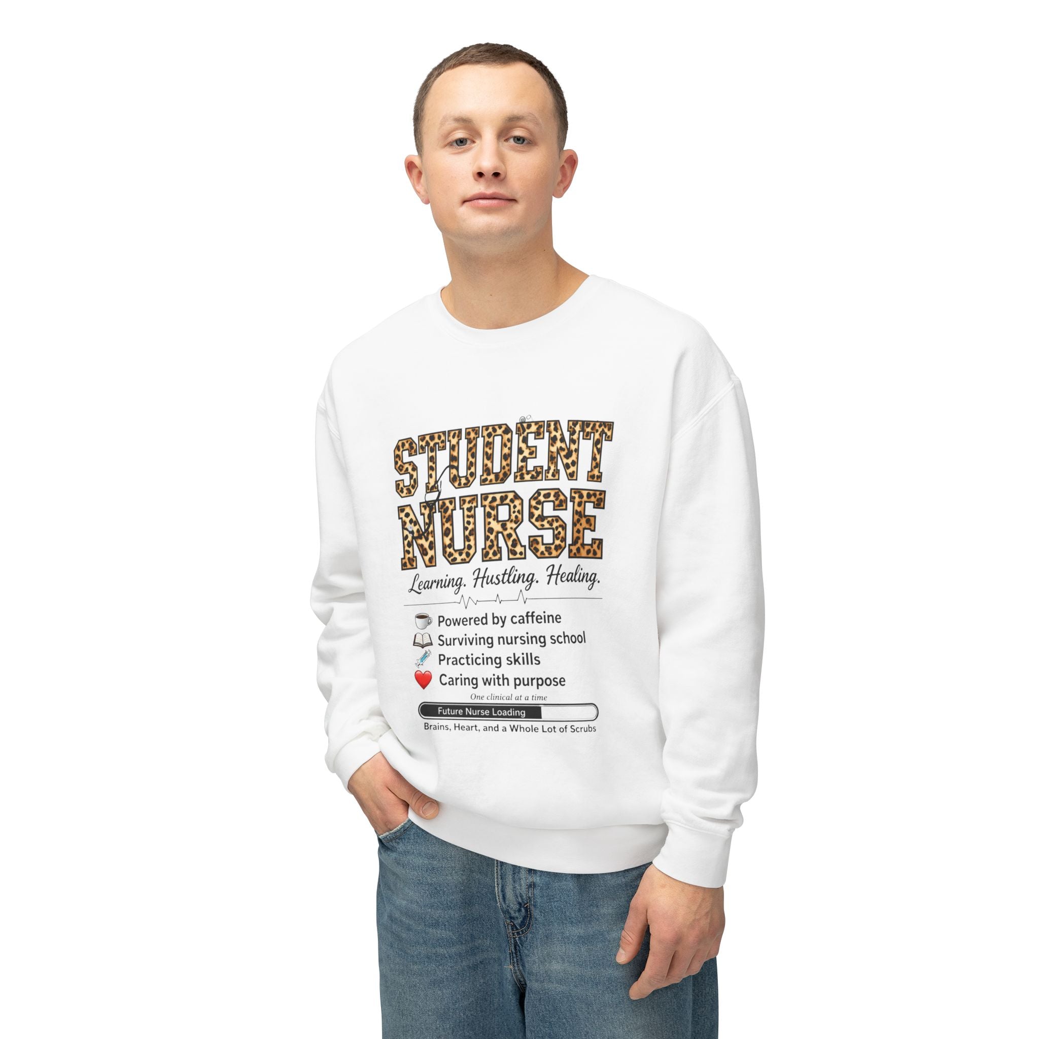 Student Nurse Crewneck Sweatshirt — Leopard Text Design, ‘Learning. Hustling. Healing.’