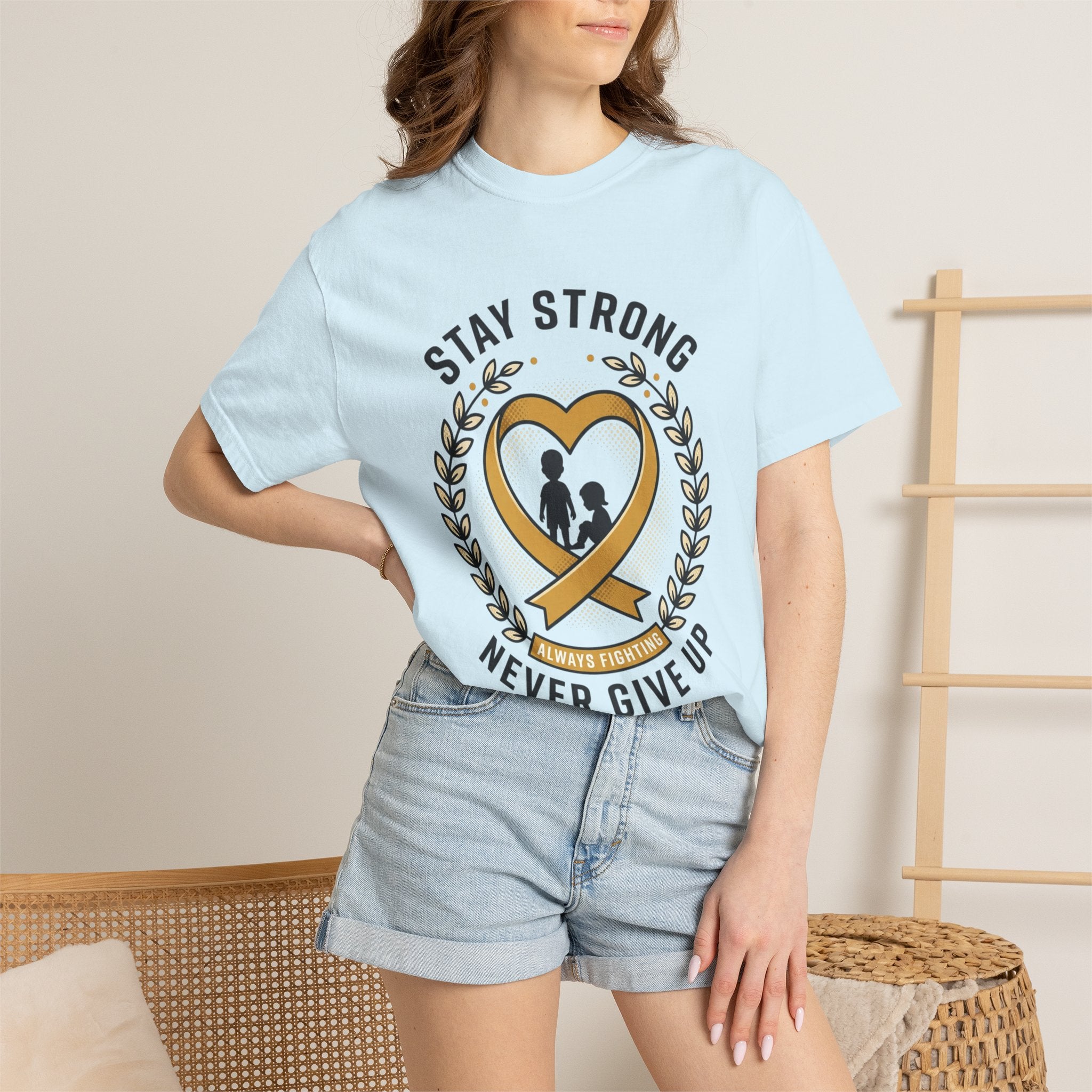 Stay Strong Never Give Up T-Shirt — Childhood Cancer Awareness Ribbon Tee