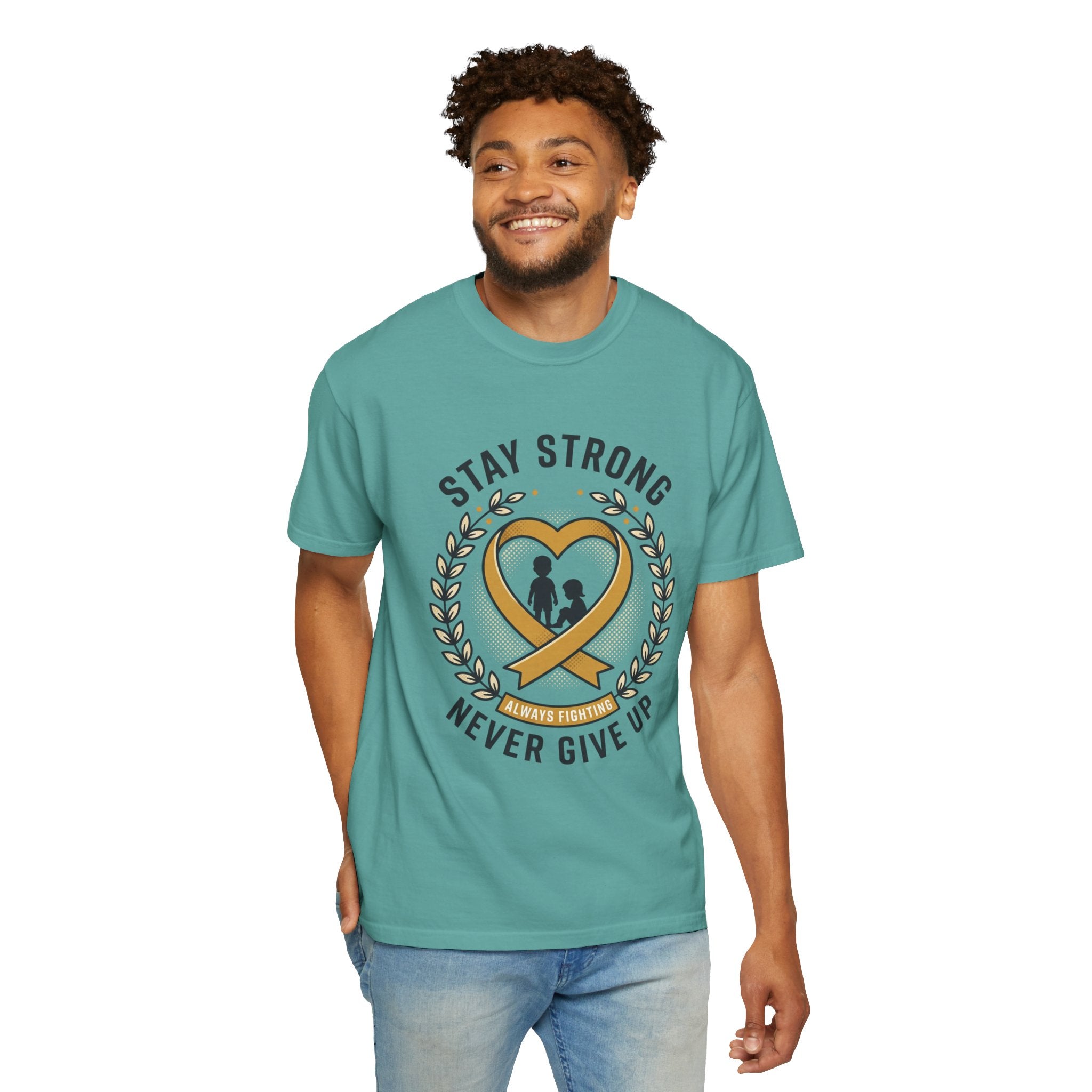 Stay Strong Never Give Up T-Shirt — Childhood Cancer Awareness Ribbon Tee