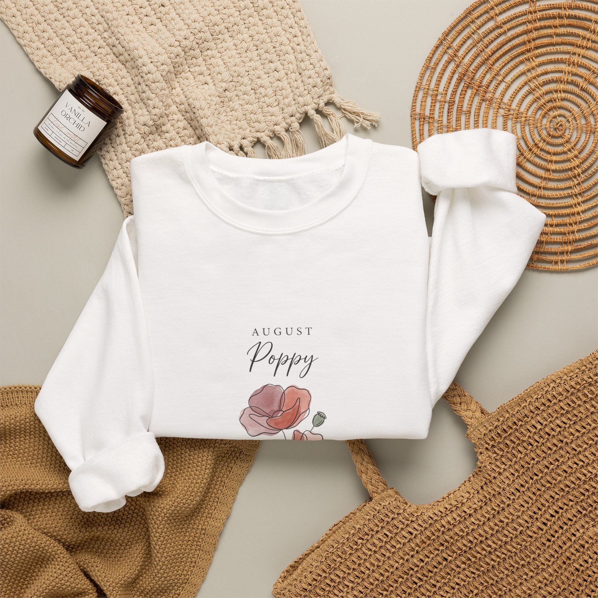 August Poppy Birth Flower Sweatshirt | botanical watercolor, personalized name