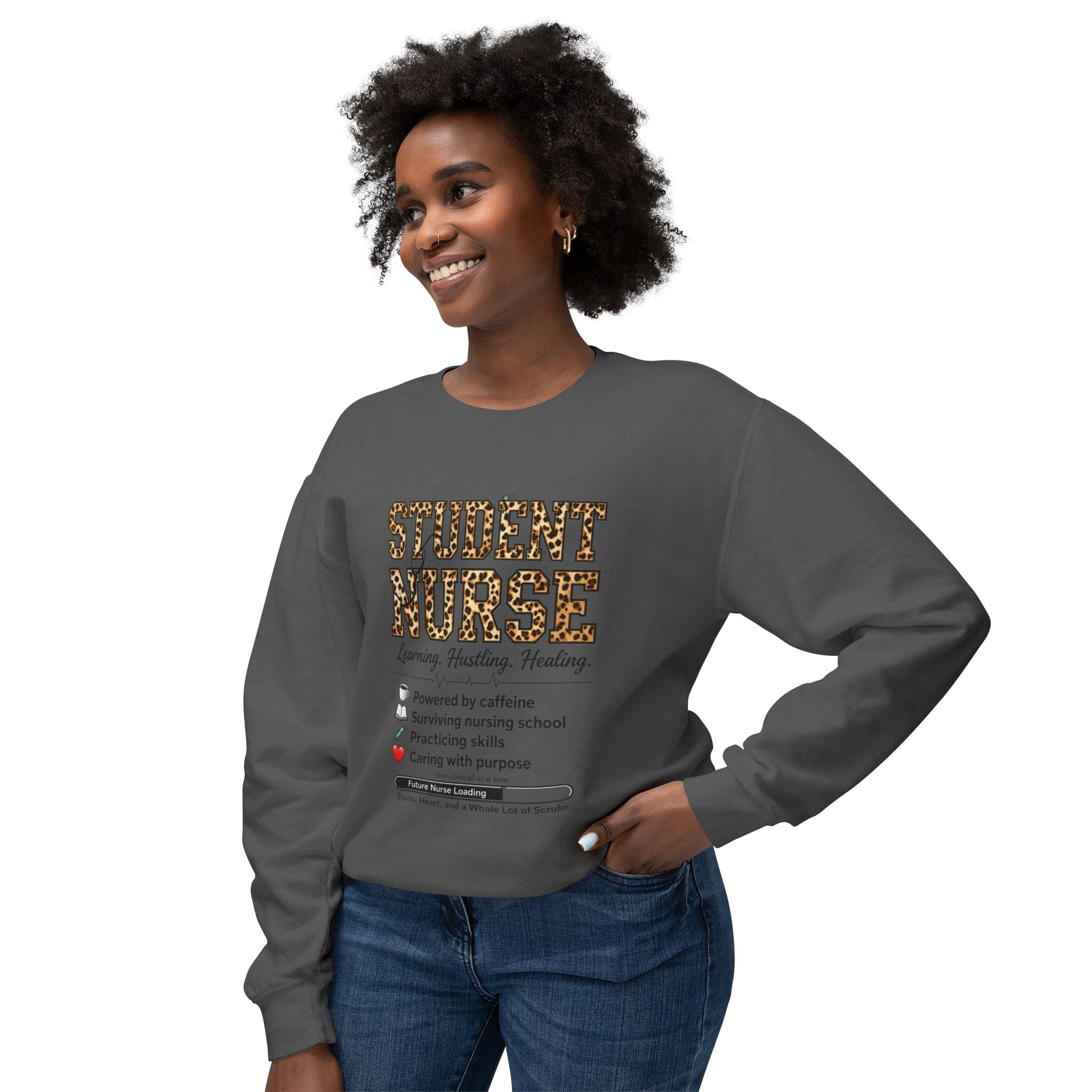 Student Nurse Crewneck Sweatshirt — Leopard Text Design, ‘Learning. Hustling. Healing.’