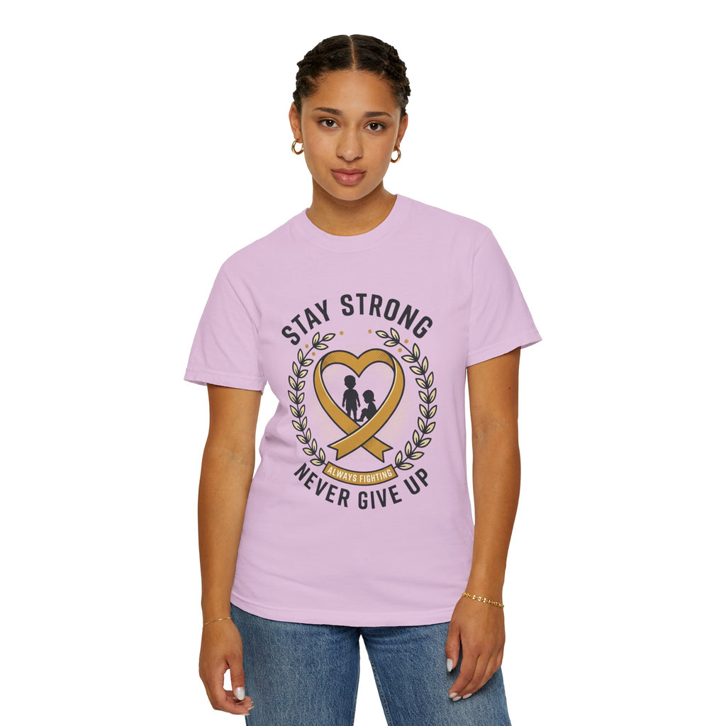 Stay Strong Never Give Up T-Shirt — Childhood Cancer Awareness Ribbon Tee