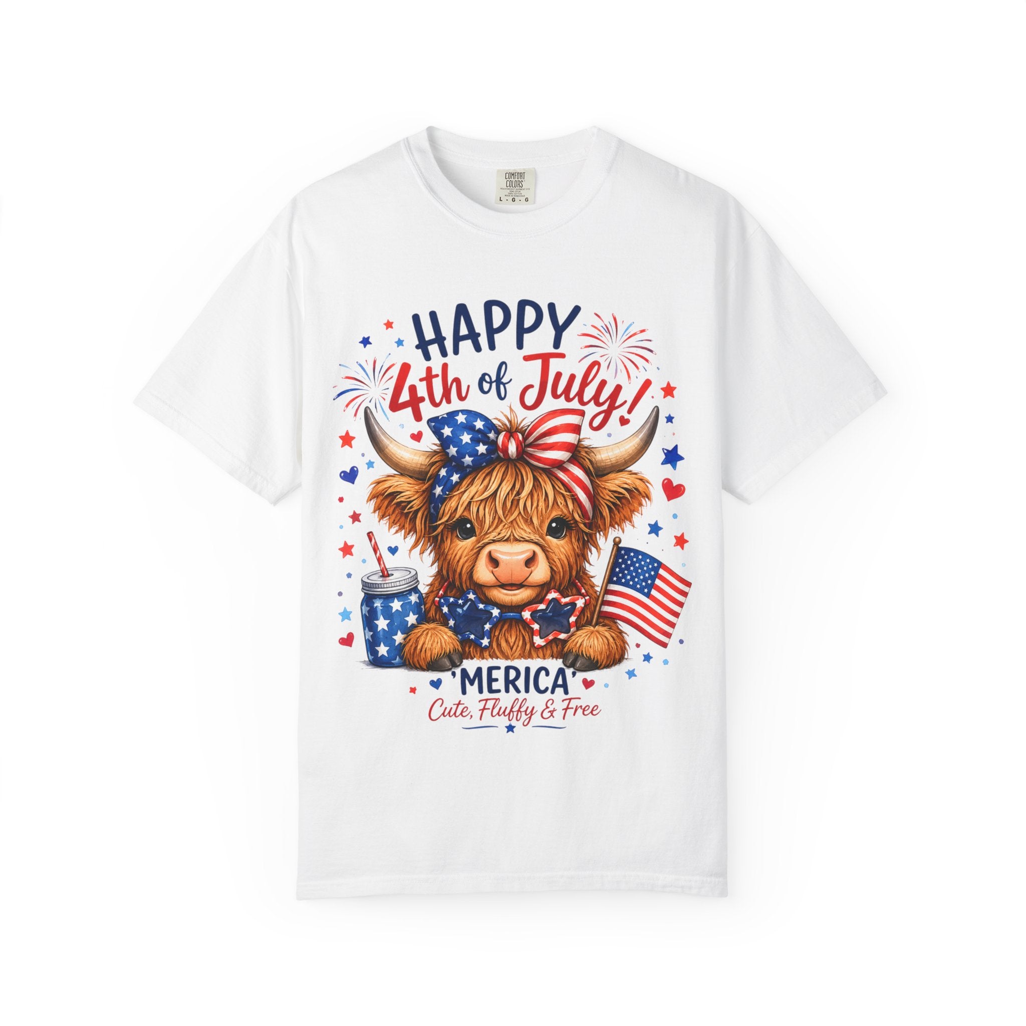 4th of July Cute Highland Cow T-Shirt — Fun Patriotic Farm Design