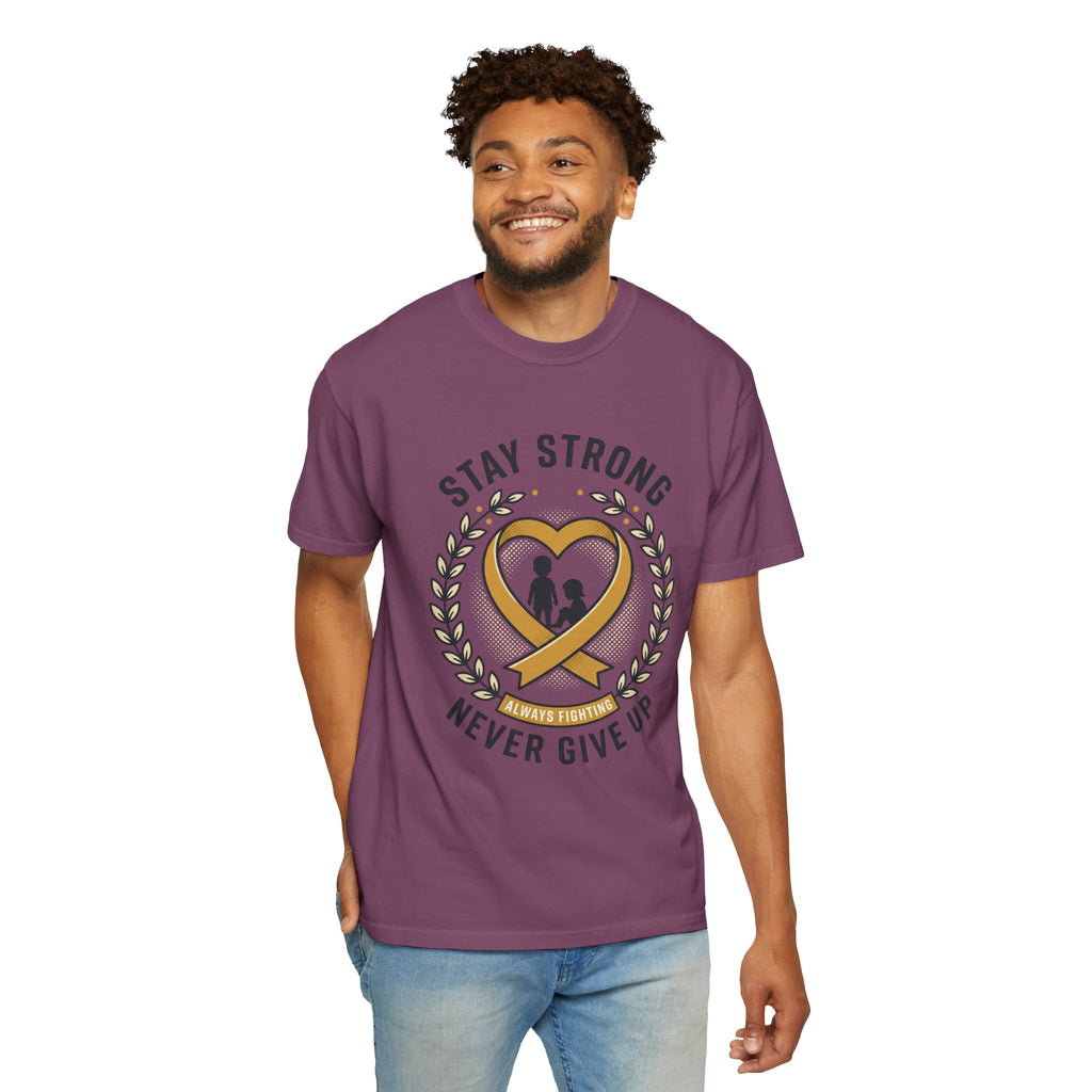 Stay Strong Never Give Up T-Shirt — Childhood Cancer Awareness Ribbon Tee