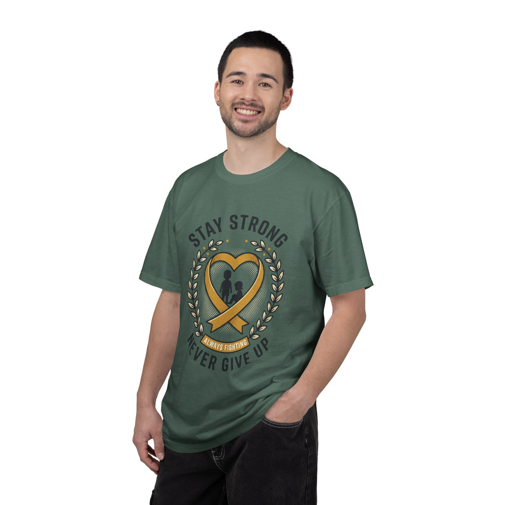 Stay Strong Never Give Up T-Shirt — Childhood Cancer Awareness Ribbon Tee