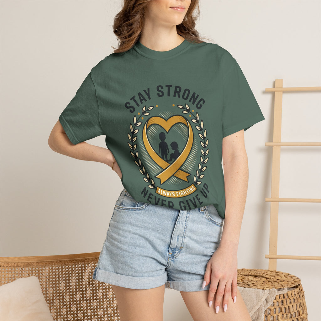 Stay Strong Never Give Up T-Shirt — Childhood Cancer Awareness Ribbon Tee