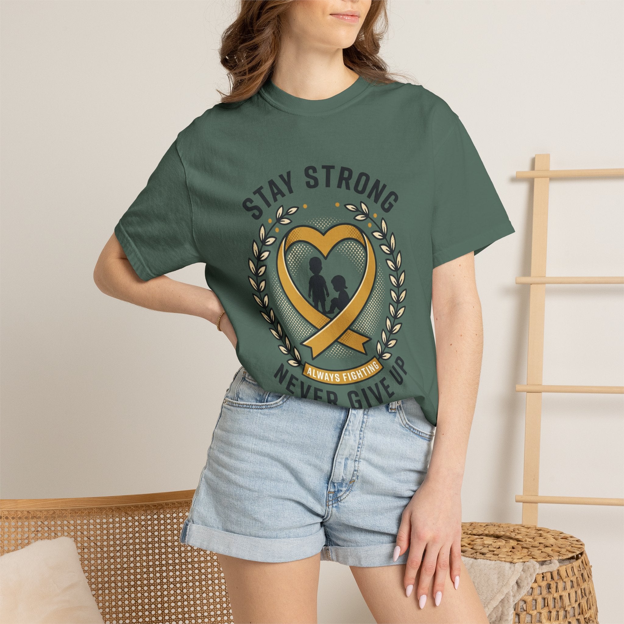 Stay Strong Never Give Up T-Shirt — Childhood Cancer Awareness Ribbon Tee