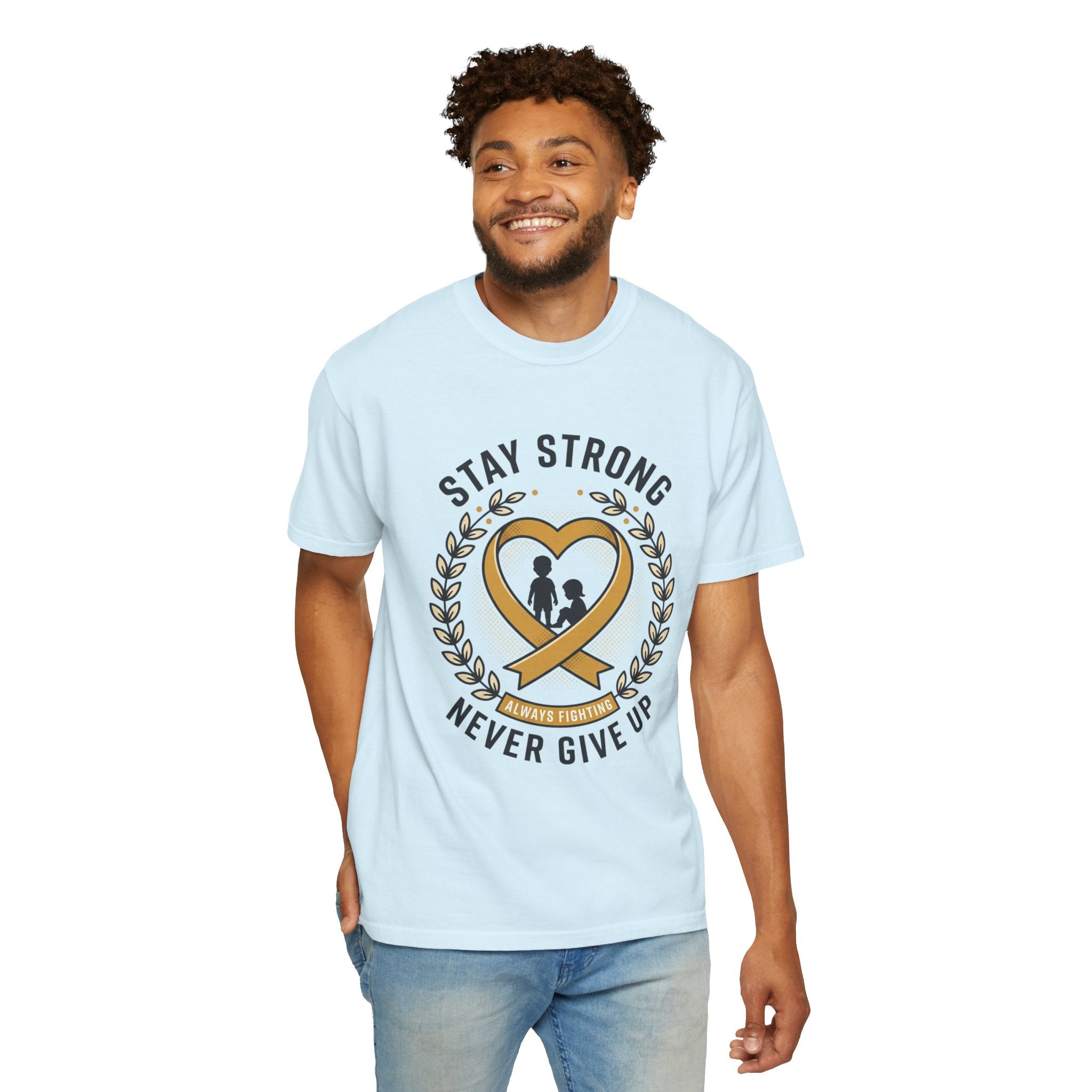 Stay Strong Never Give Up T-Shirt — Childhood Cancer Awareness Ribbon Tee