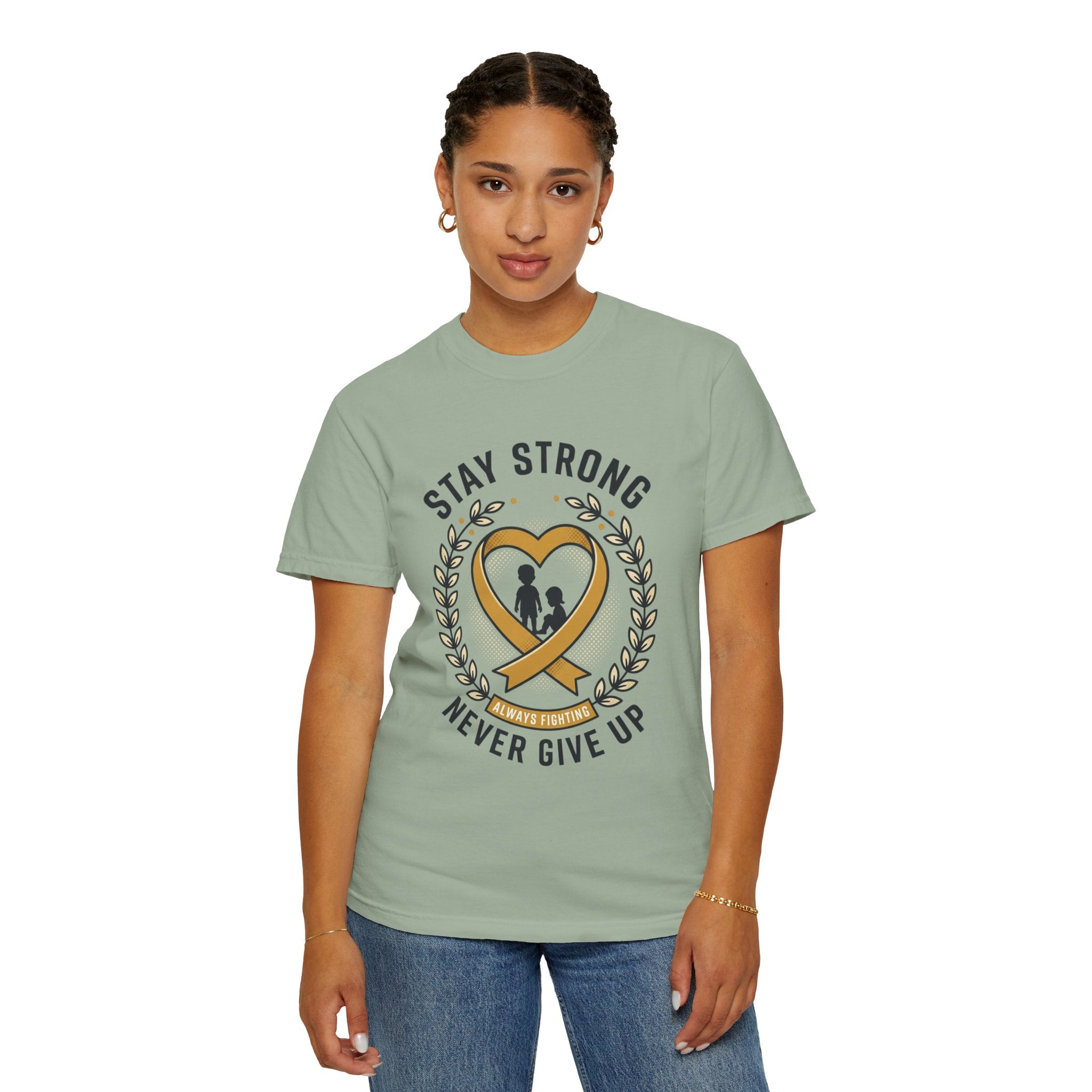 Stay Strong Never Give Up T-Shirt — Childhood Cancer Awareness Ribbon Tee